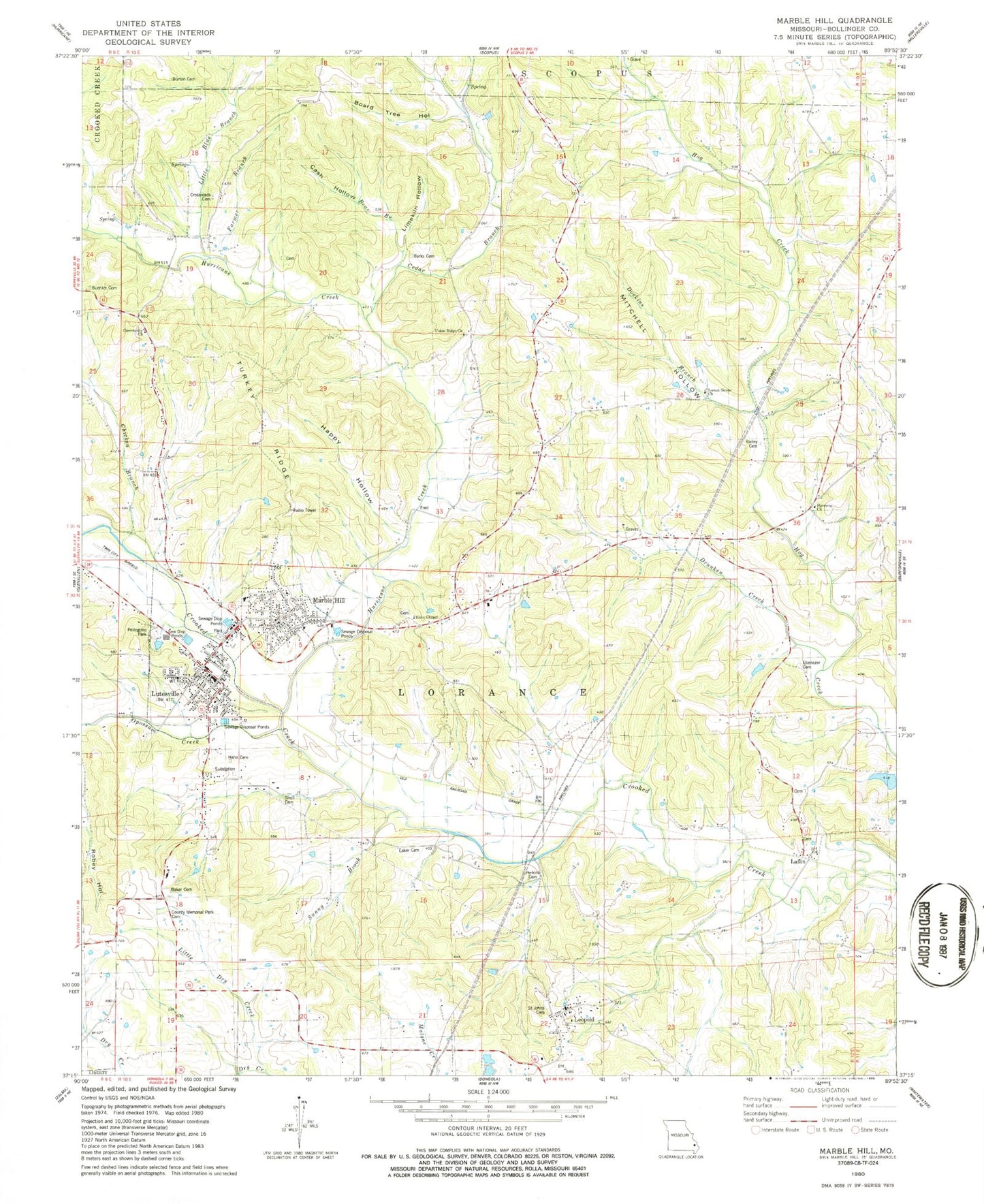 Classic USGS Marble Hill Missouri 7.5'x7.5' Topo Map Image