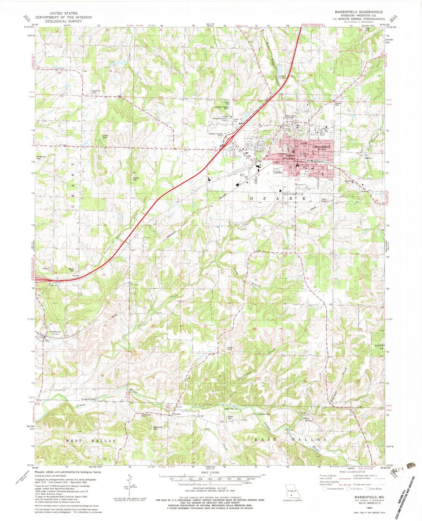 Classic USGS Marshfield Missouri 7.5'x7.5' Topo Map Image