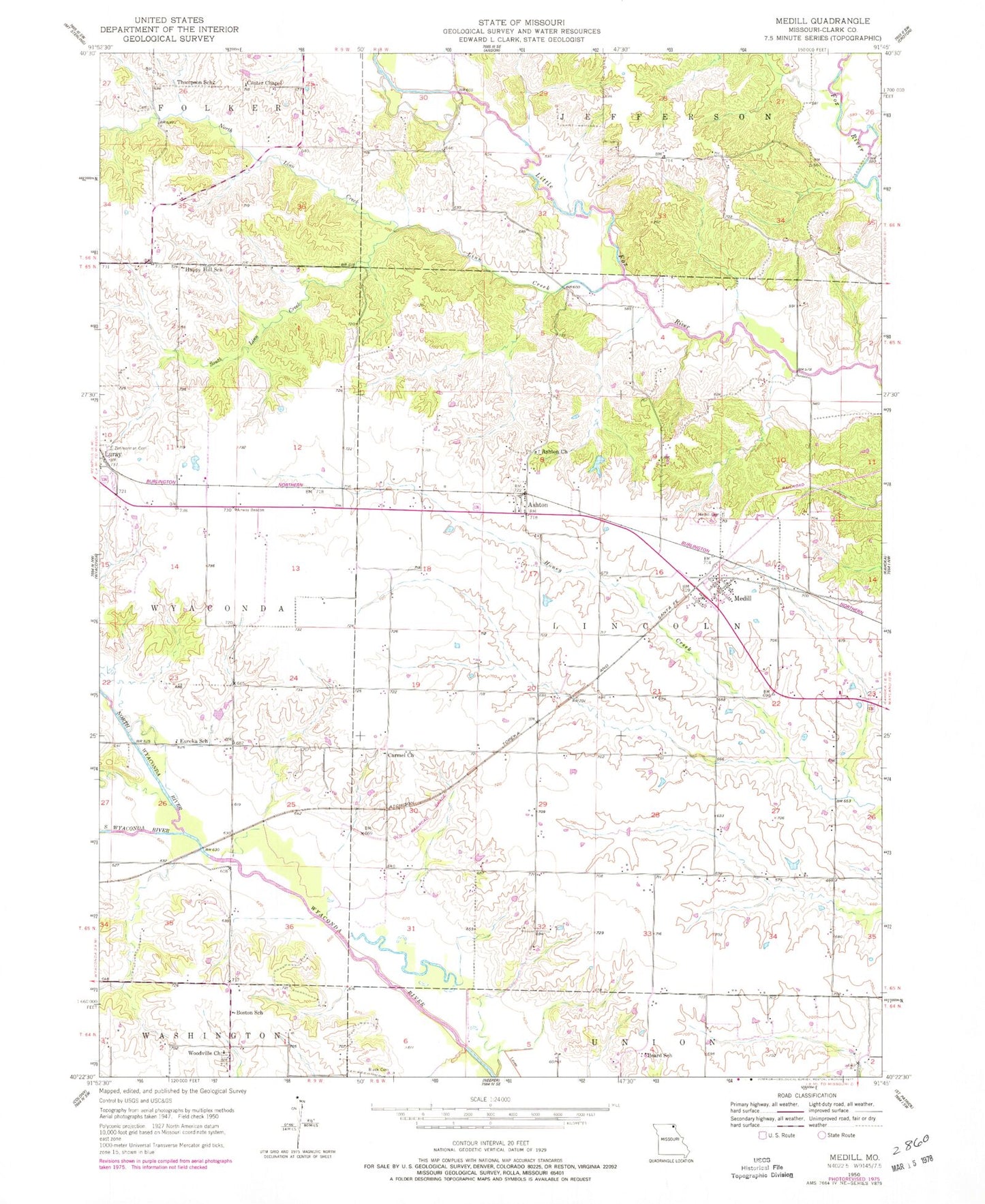 Classic USGS Medill Missouri 7.5'x7.5' Topo Map Image