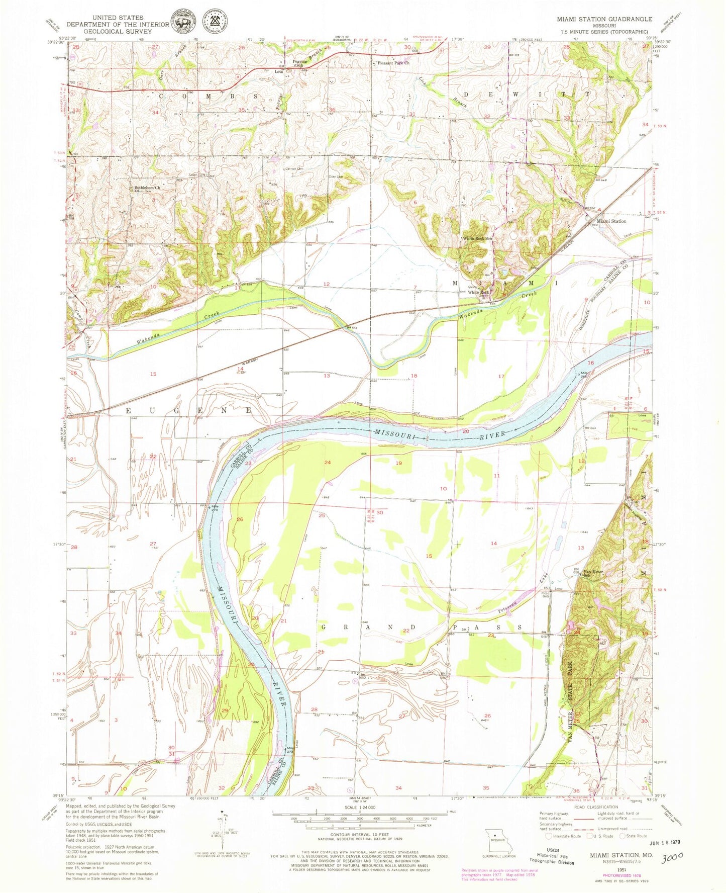 Classic USGS Miami Station Missouri 7.5'x7.5' Topo Map Image