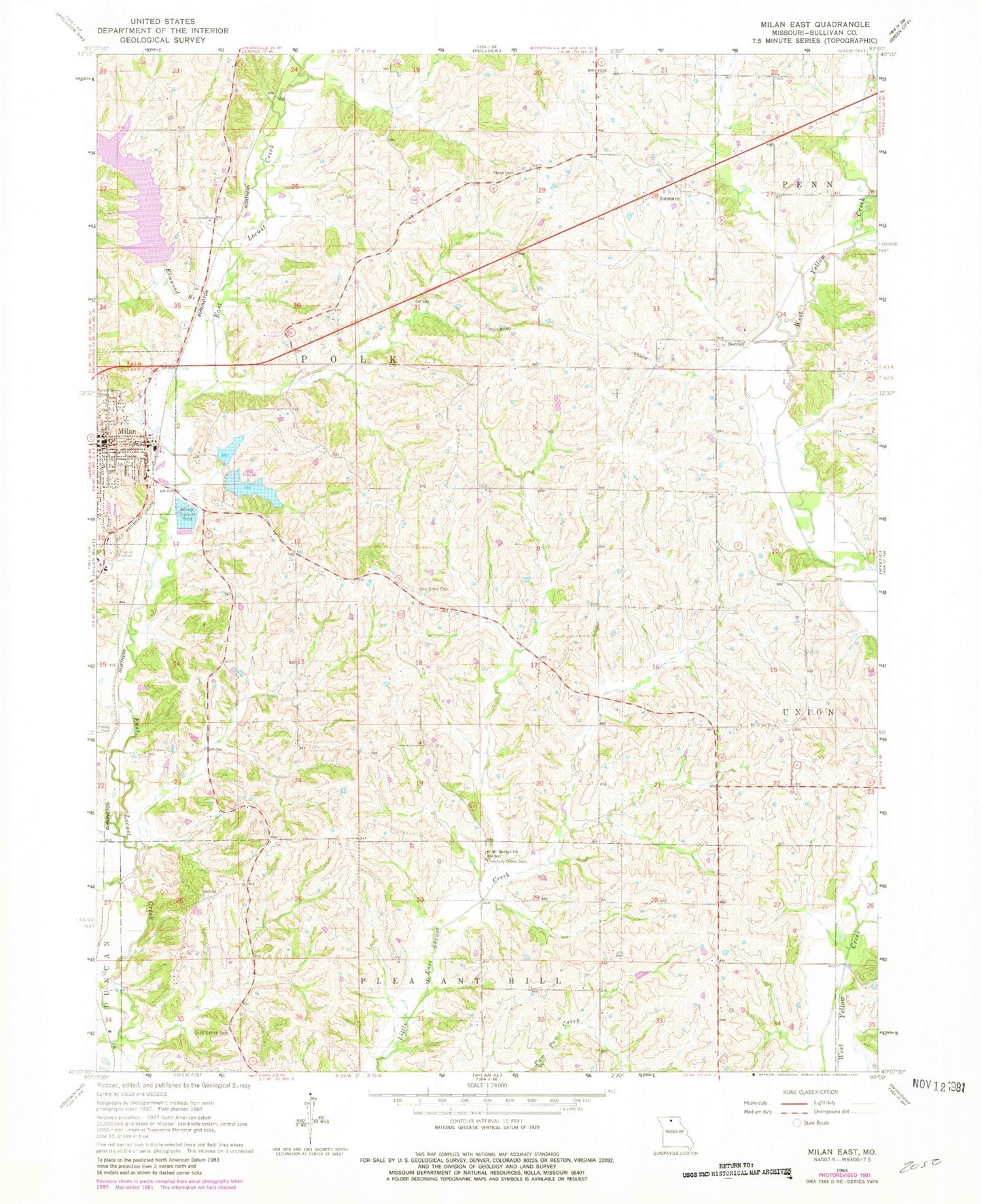 Classic USGS Milan East Missouri 7.5'x7.5' Topo Map Image
