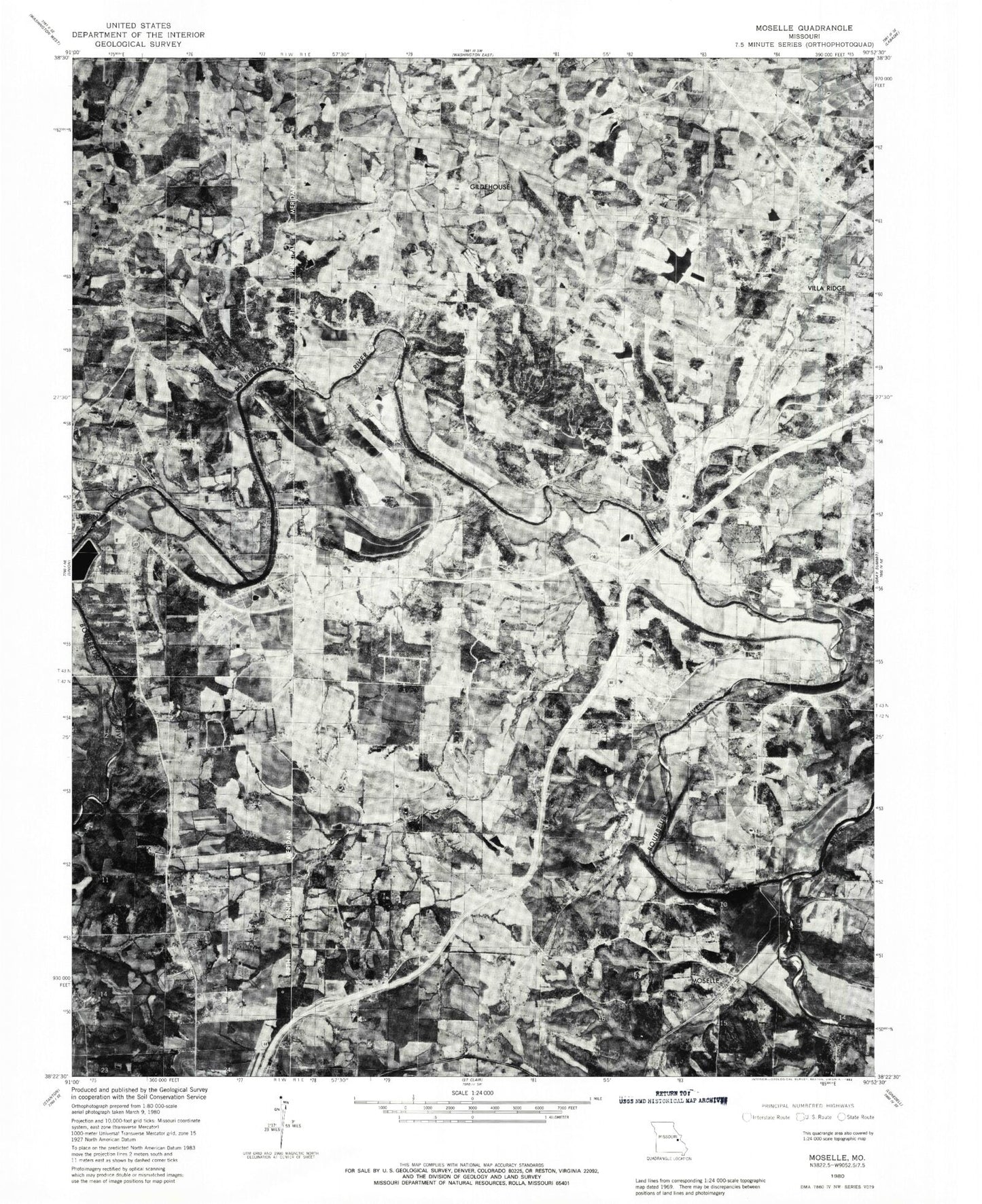 Classic USGS Moselle Missouri 7.5'x7.5' Topo Map Image