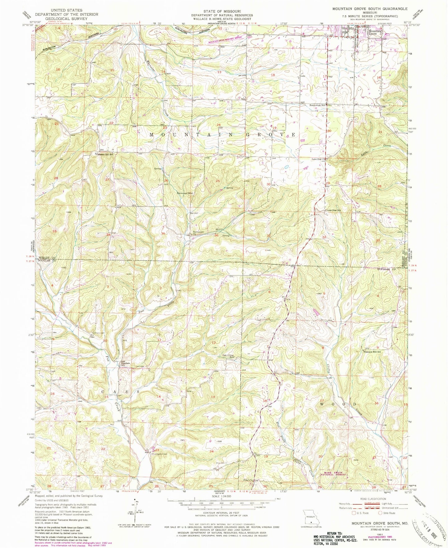 Classic USGS Mountain Grove South Missouri 7.5'x7.5' Topo Map Image