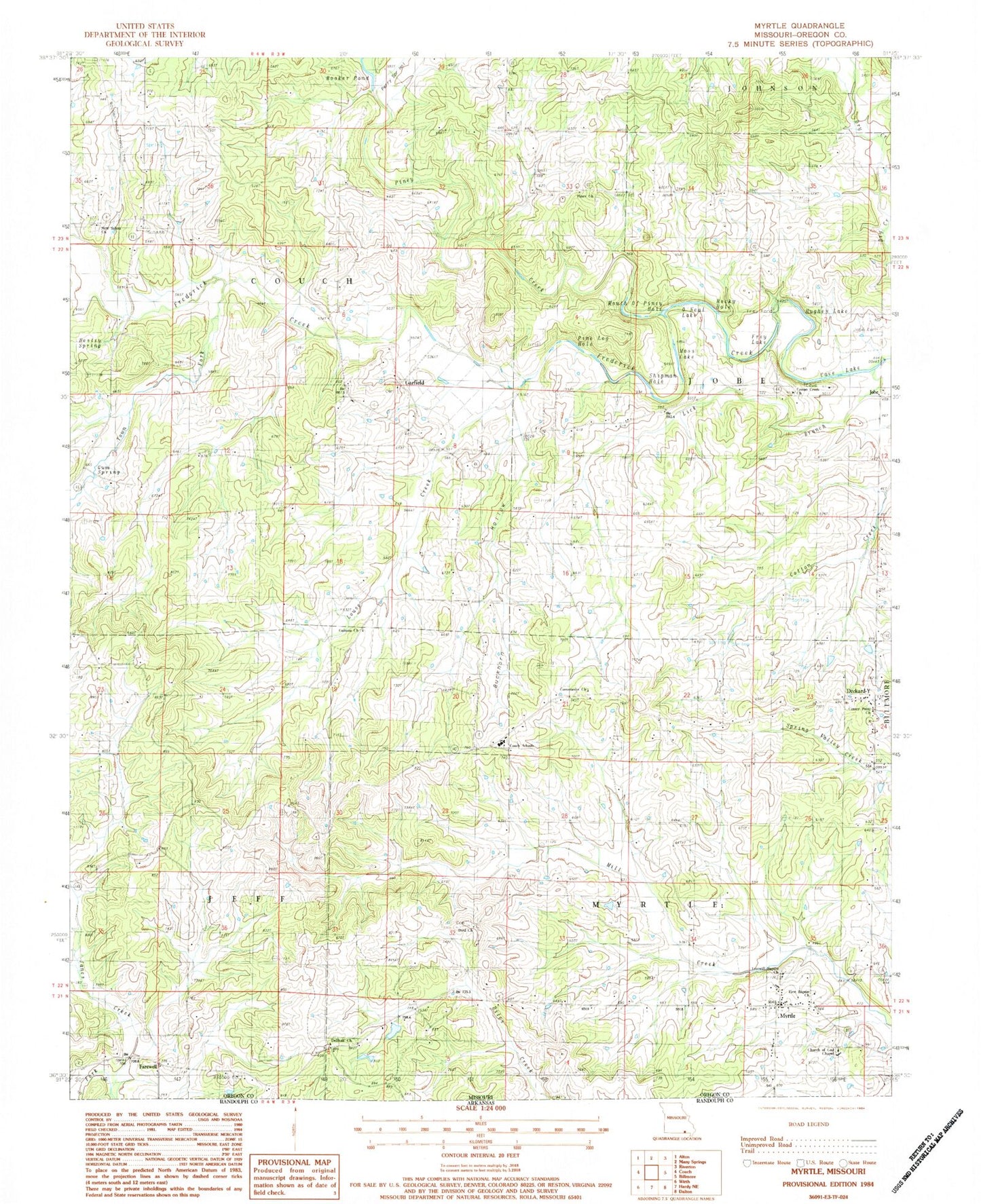 Classic USGS Myrtle Missouri 7.5'x7.5' Topo Map Image