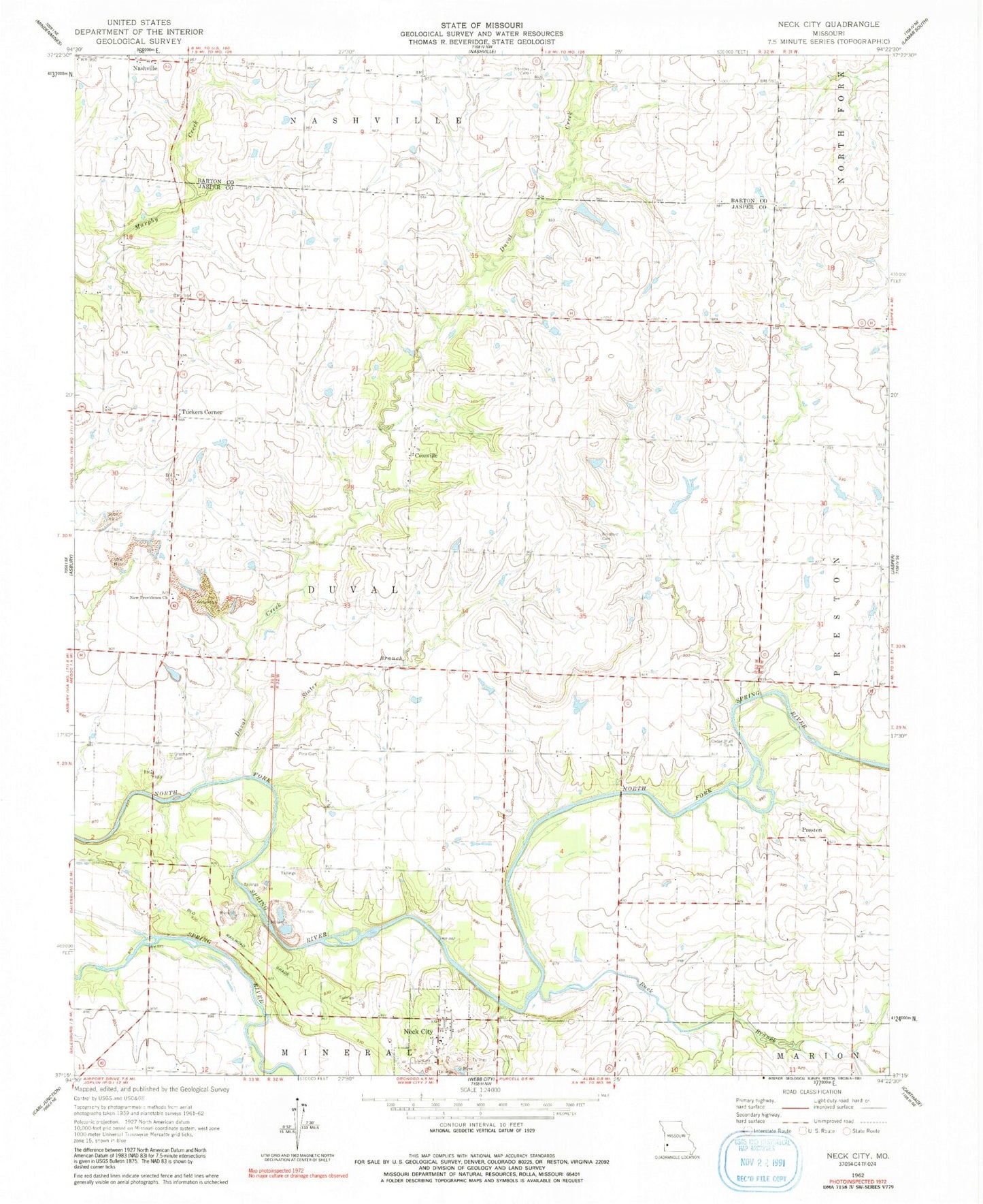 Classic USGS Neck City Missouri 7.5'x7.5' Topo Map Image