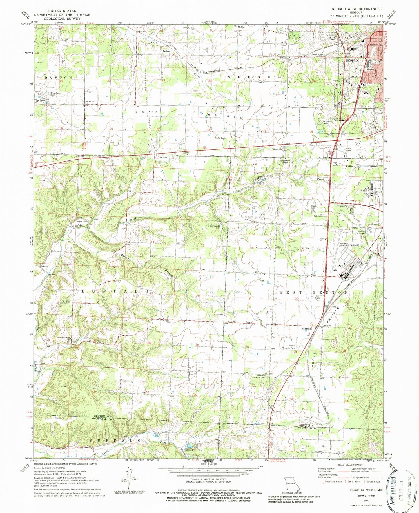Classic USGS Neosho West Missouri 7.5'x7.5' Topo Map Image
