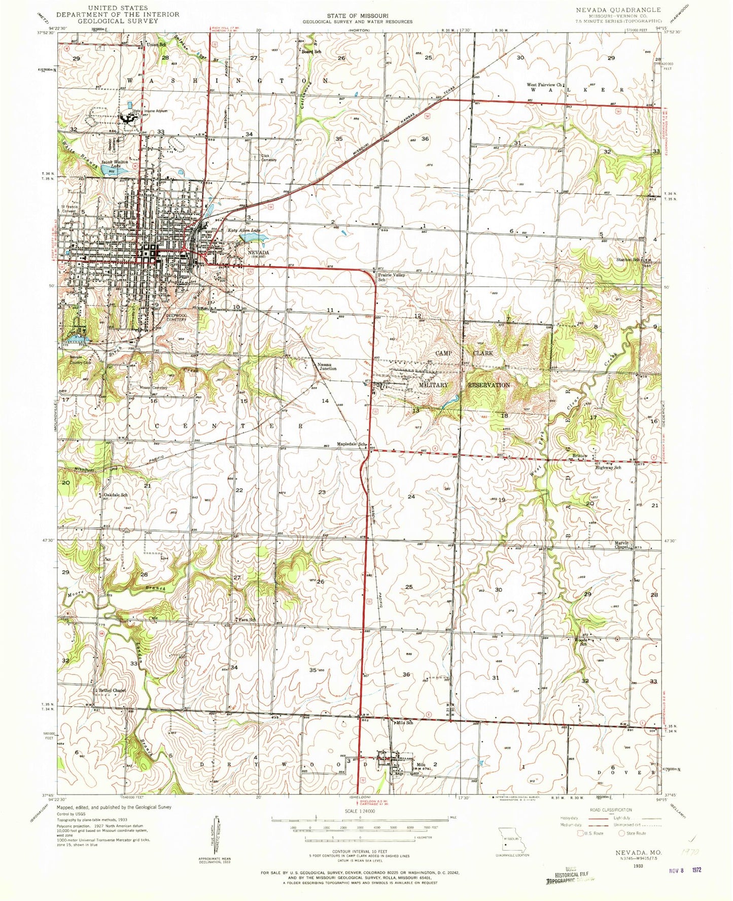Classic USGS Nevada Missouri 7.5'x7.5' Topo Map Image