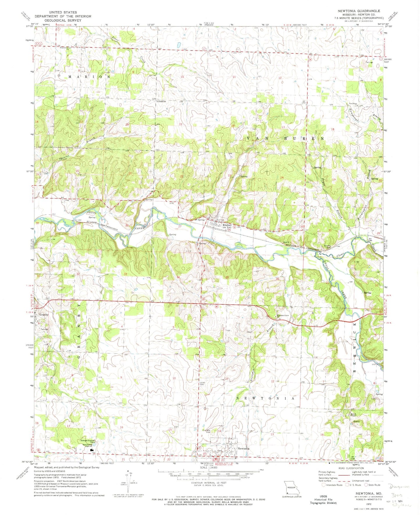 Classic USGS Newtonia Missouri 7.5'x7.5' Topo Map Image