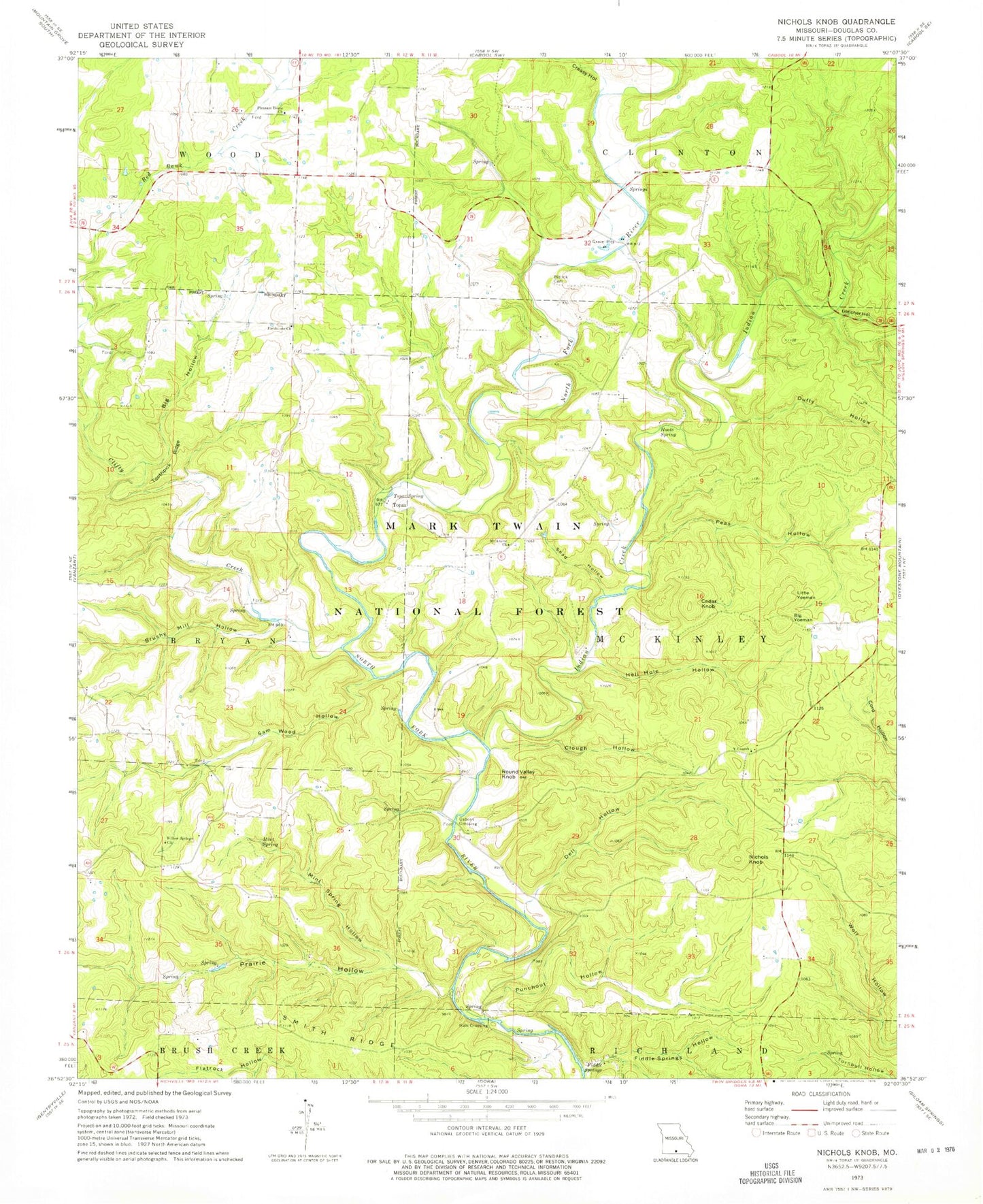 Classic USGS Nichols Knob Missouri 7.5'x7.5' Topo Map Image