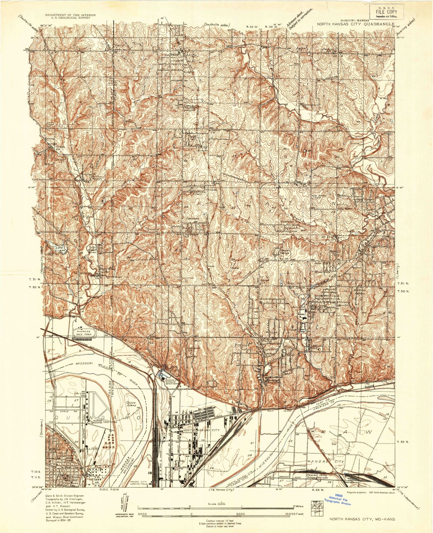 Classic USGS North Kansas City Missouri 7.5'x7.5' Topo Map Image