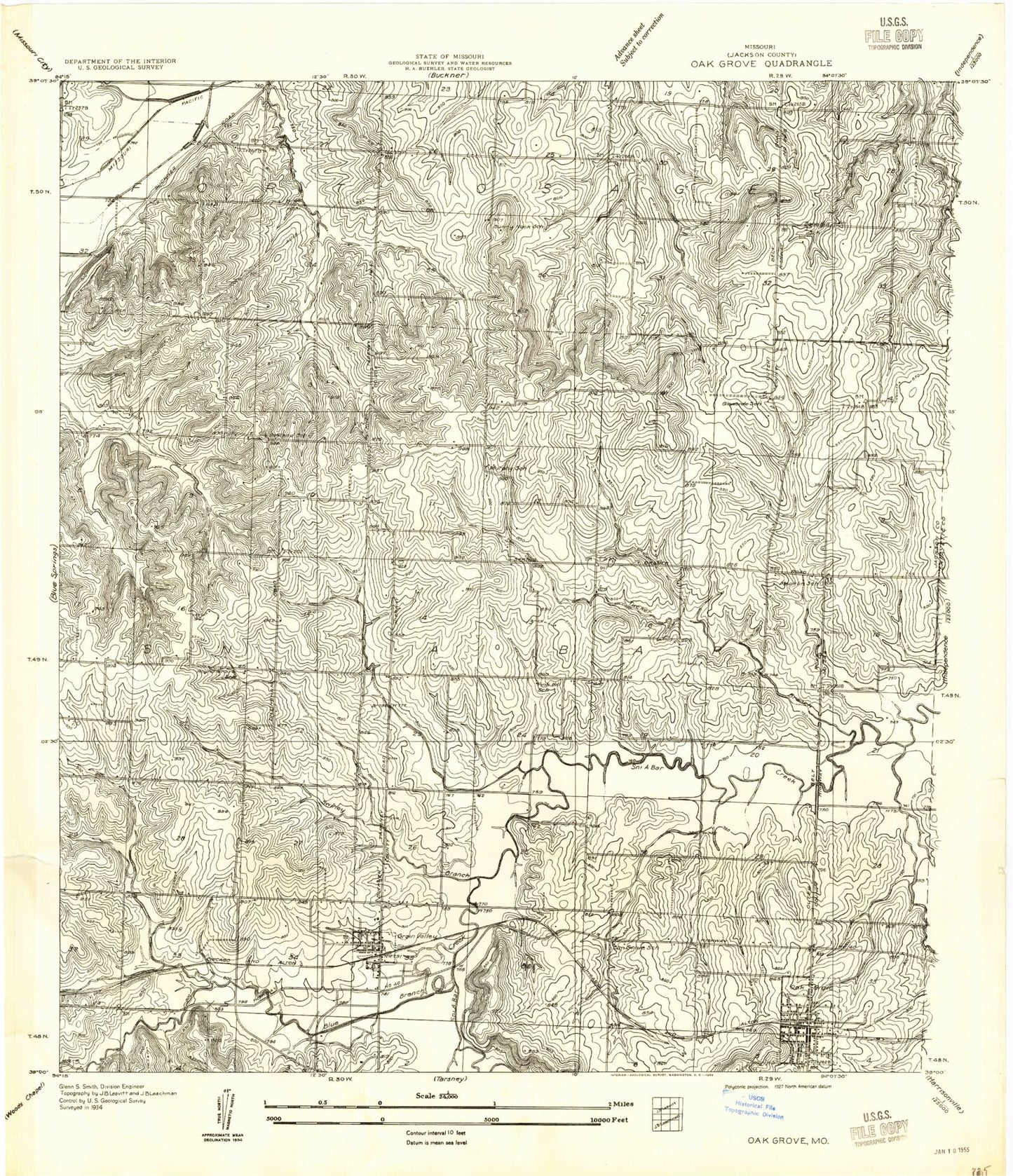 Classic USGS Oak Grove Missouri 7.5'x7.5' Topo Map Image
