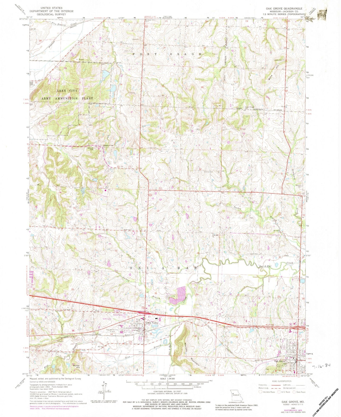 Classic USGS Oak Grove Missouri 7.5'x7.5' Topo Map Image
