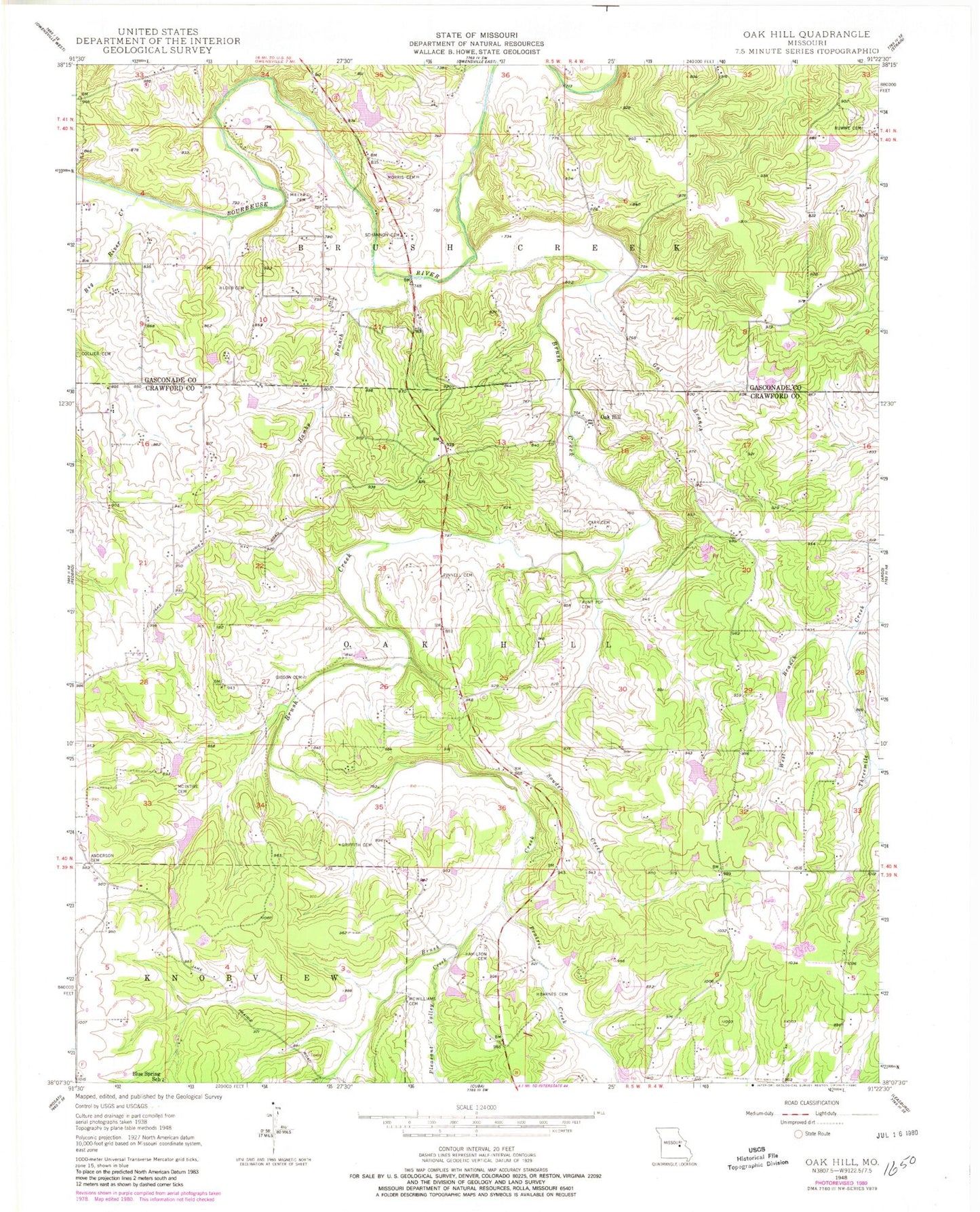 Classic USGS Oak Hill Missouri 7.5'x7.5' Topo Map Image