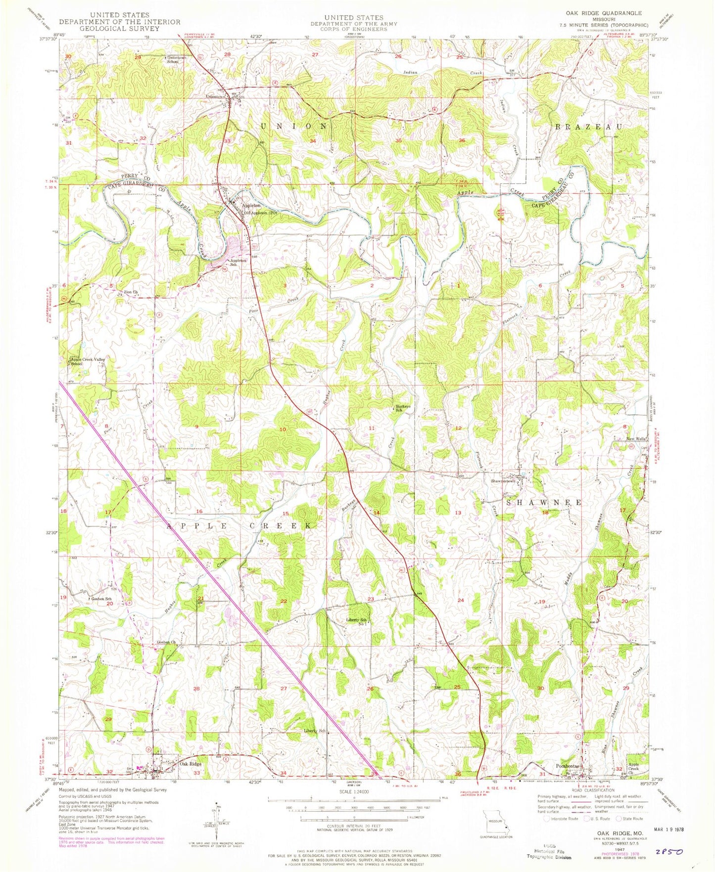 Classic USGS Oak Ridge Missouri 7.5'x7.5' Topo Map Image