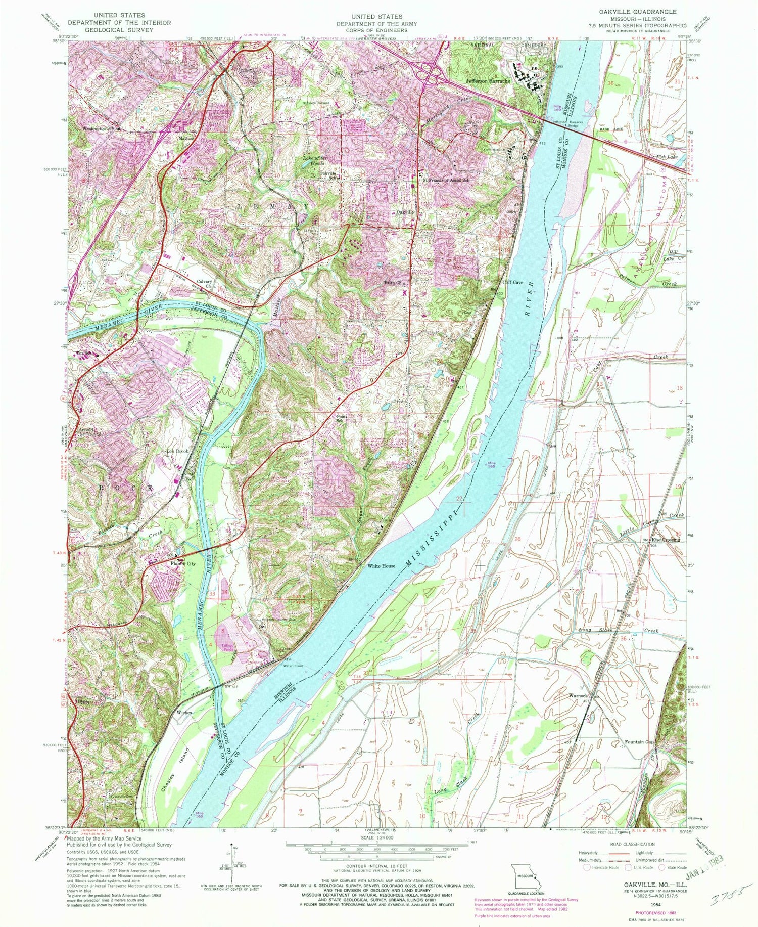 Classic USGS Oakville Missouri 7.5'x7.5' Topo Map Image
