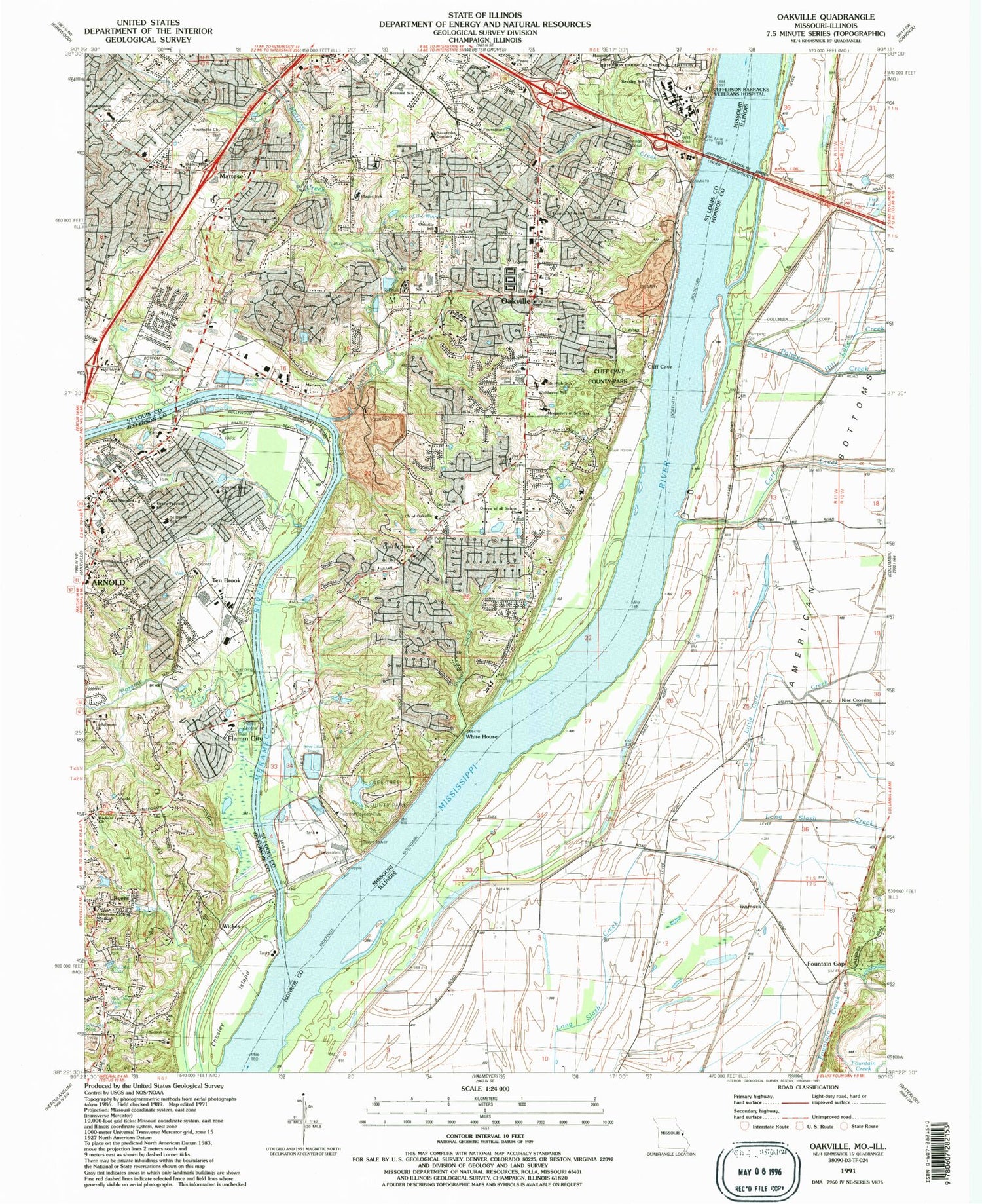 Classic USGS Oakville Missouri 7.5'x7.5' Topo Map Image