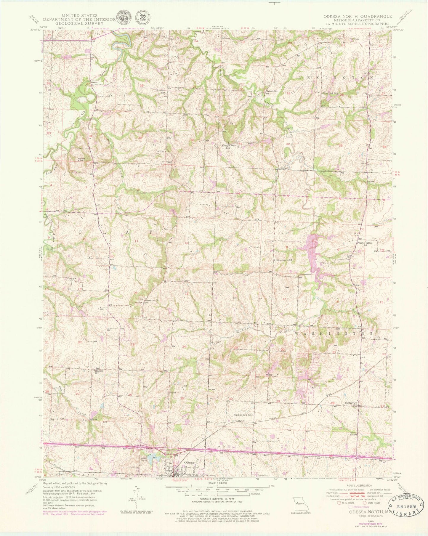 Classic USGS Odessa North Missouri 7.5'x7.5' Topo Map Image