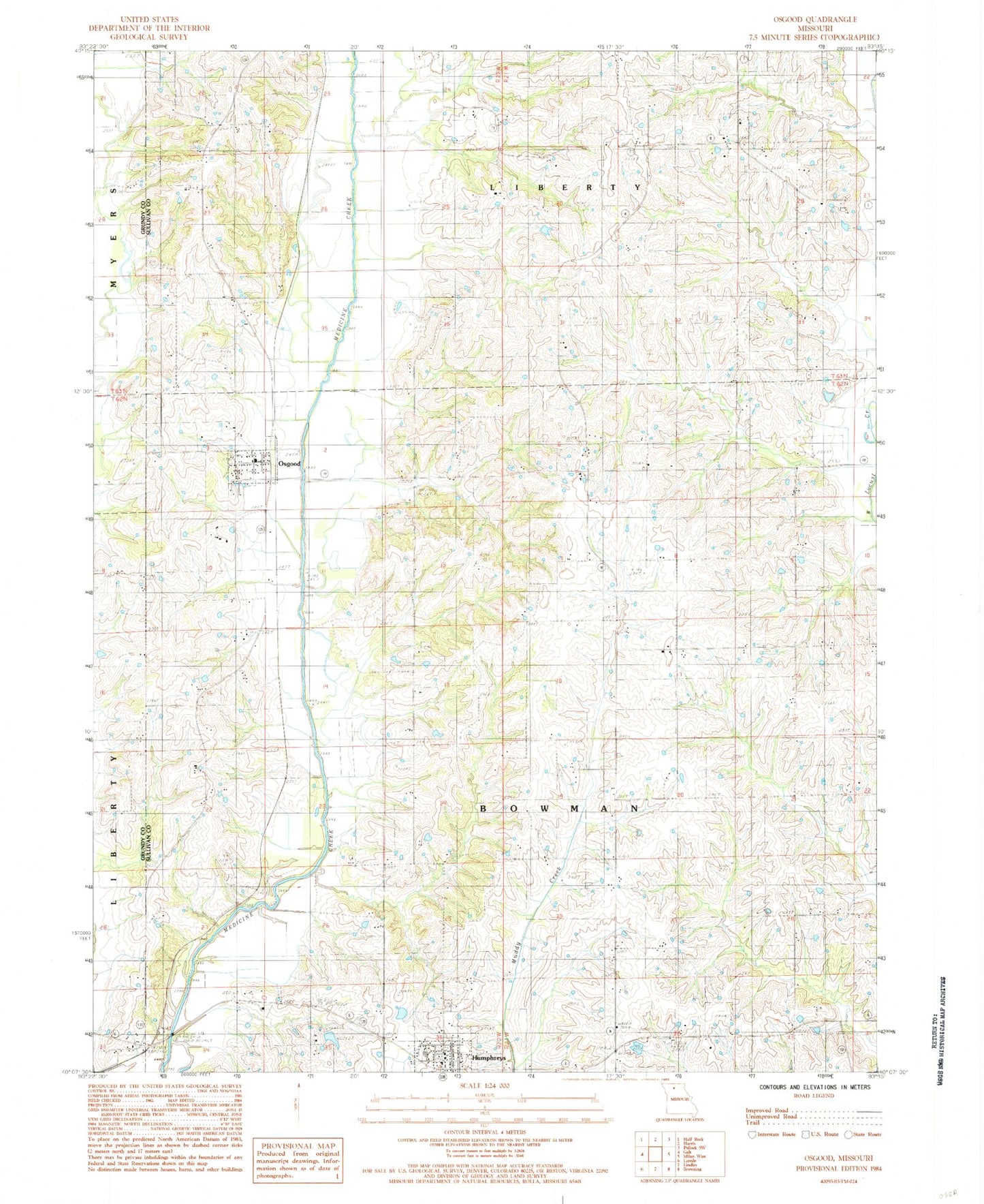 Classic USGS Osgood Missouri 7.5'x7.5' Topo Map Image