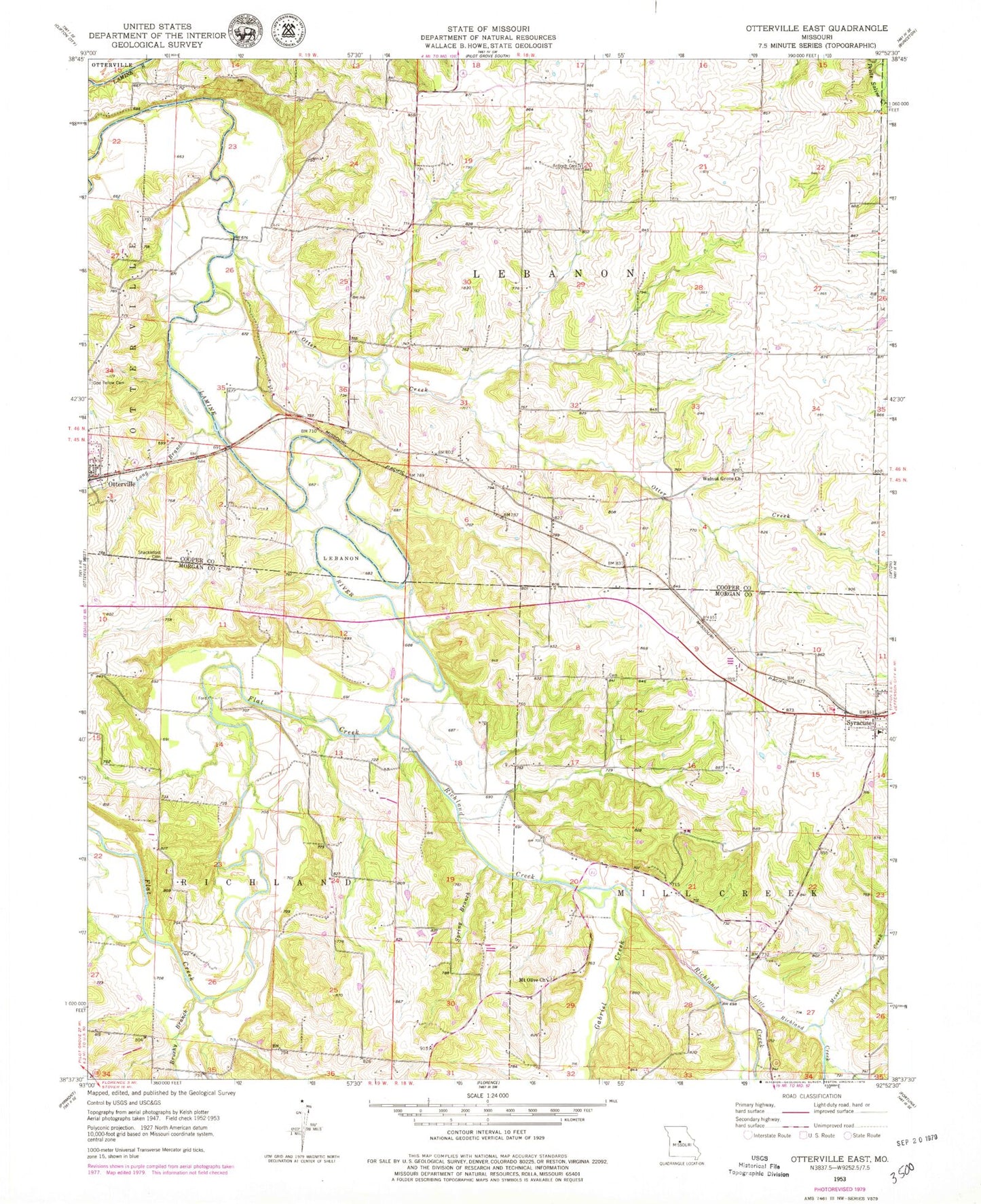 Classic USGS Otterville East Missouri 7.5'x7.5' Topo Map Image