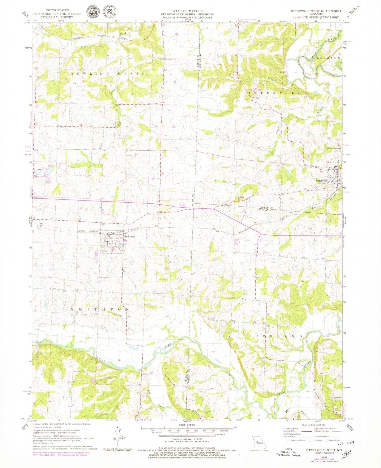 Classic USGS Otterville West Missouri 7.5'x7.5' Topo Map Image