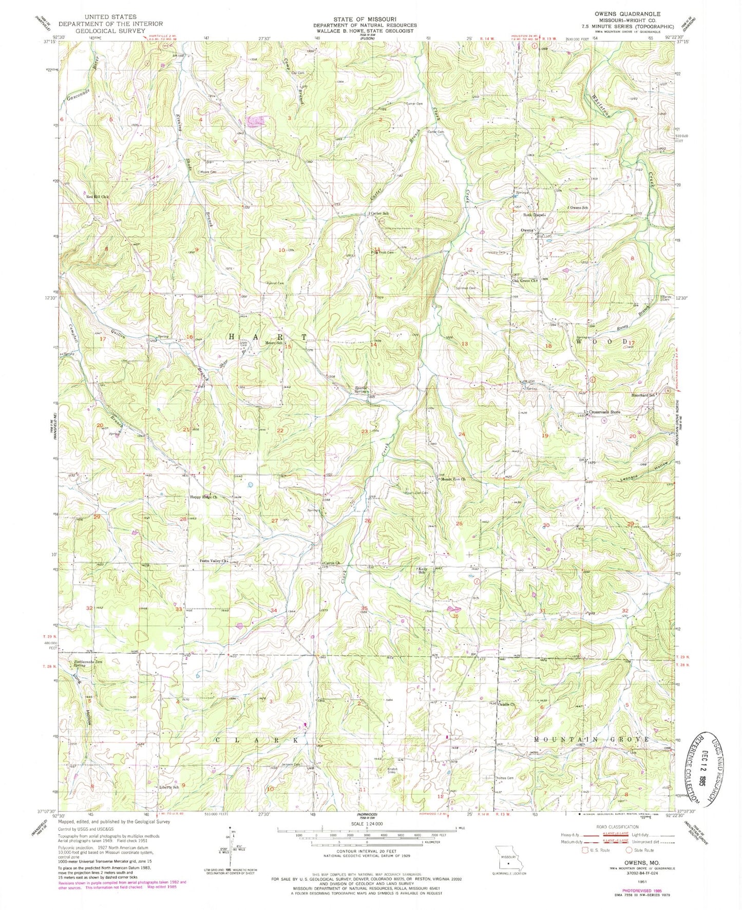 Classic USGS Owens Missouri 7.5'x7.5' Topo Map Image