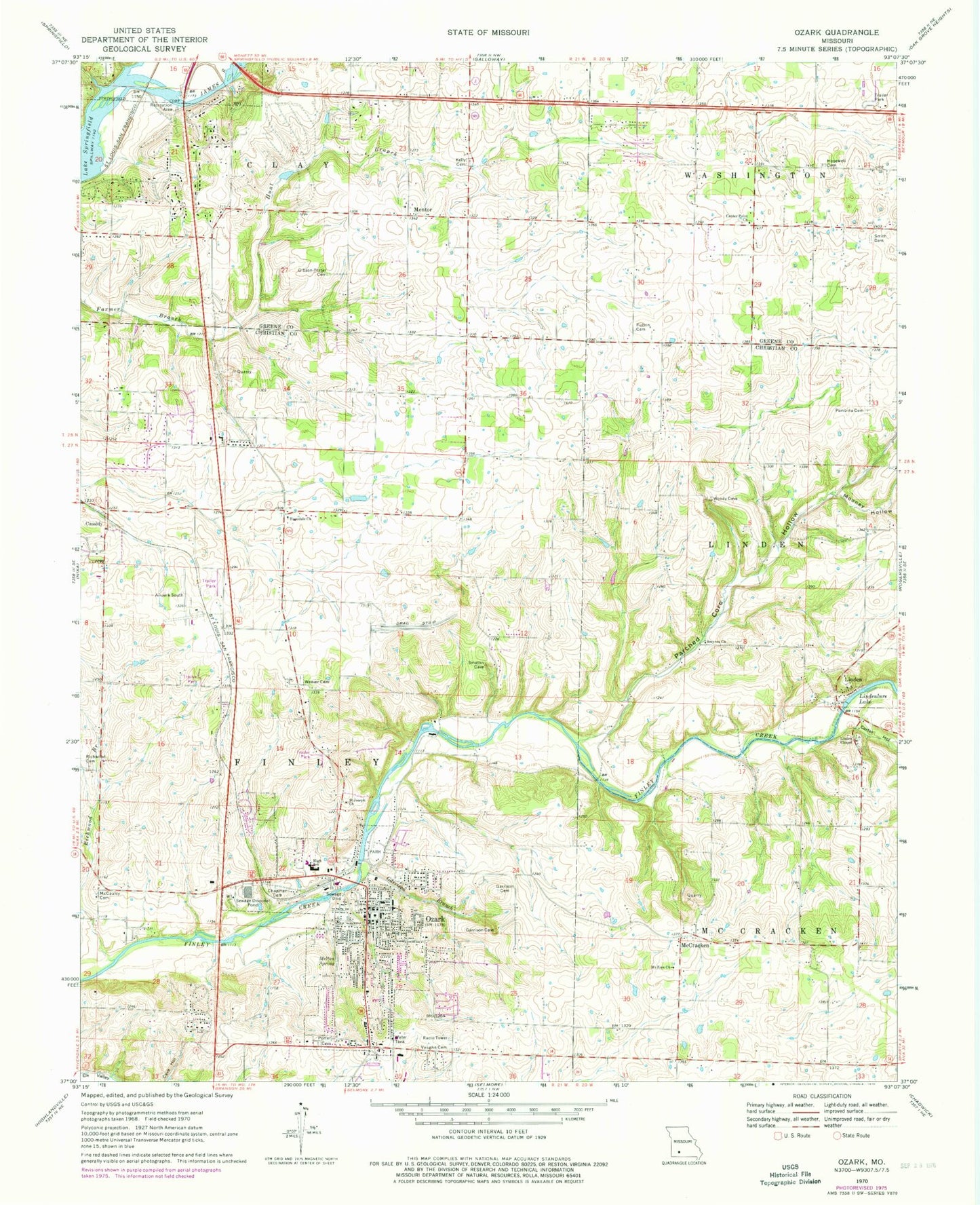 Classic USGS Ozark Missouri 7.5'x7.5' Topo Map Image