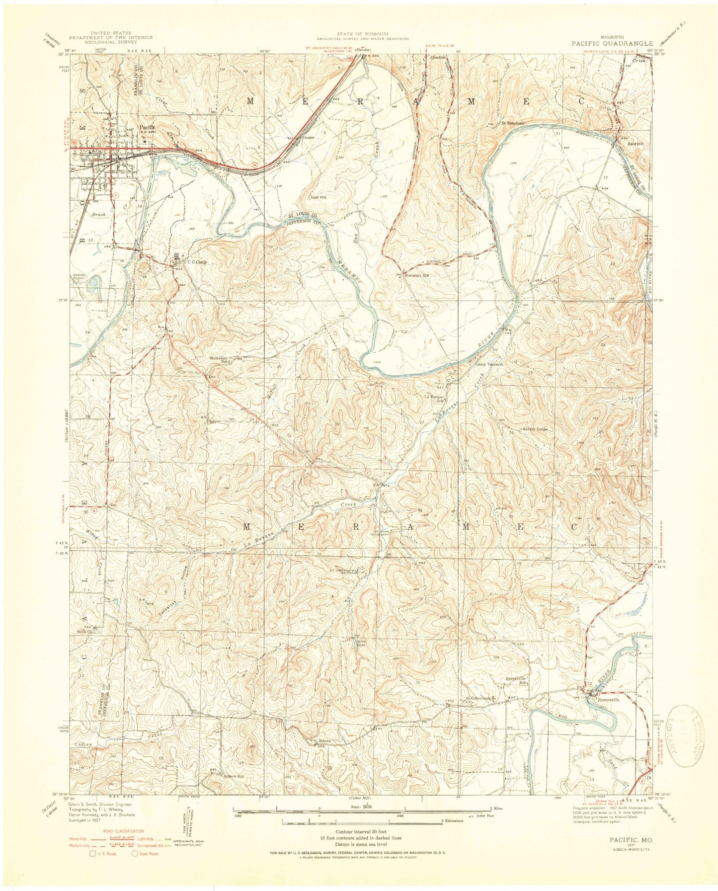 Classic USGS Pacific Missouri 7.5'x7.5' Topo Map Image