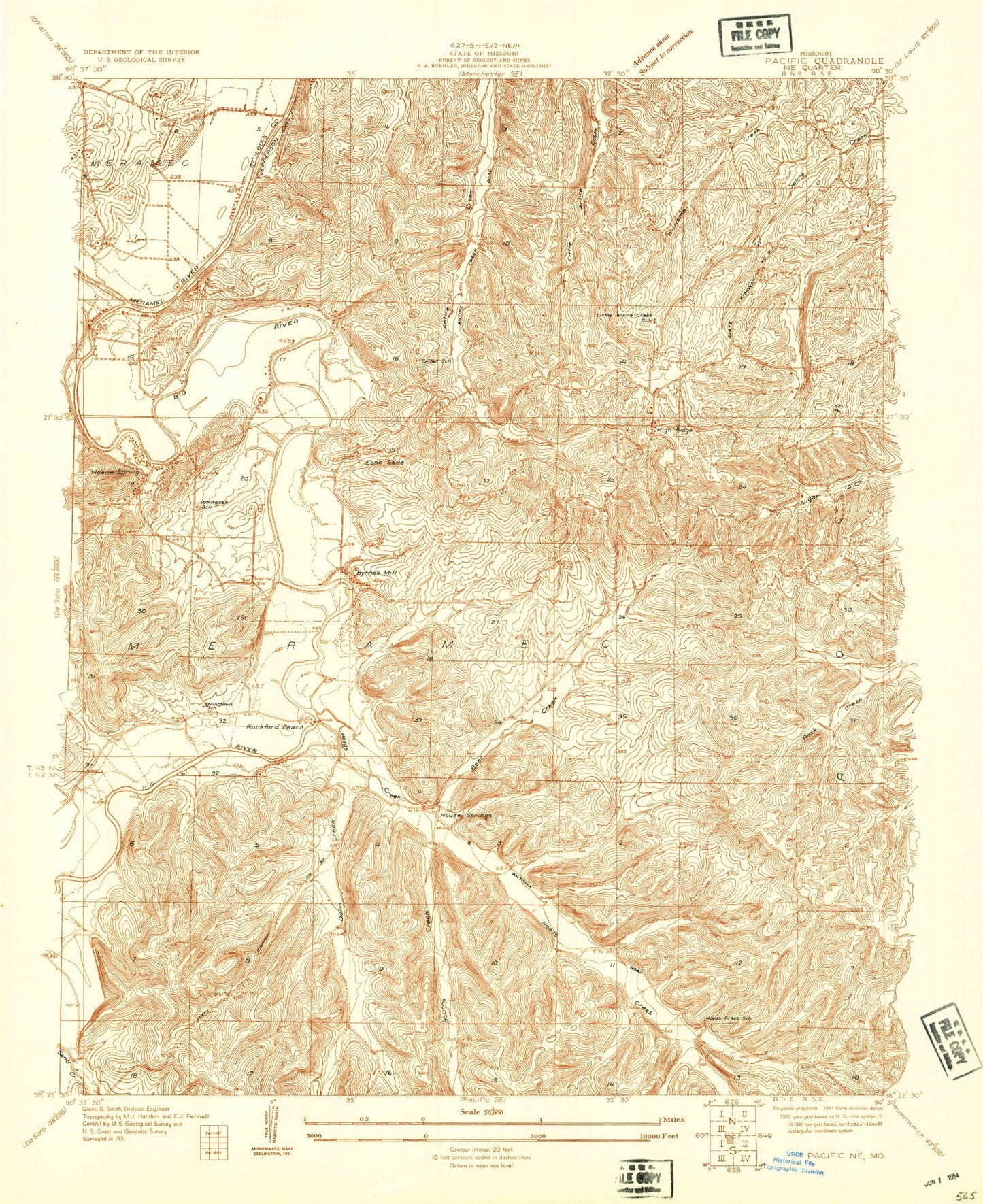 Classic USGS House Springs Missouri 7.5'x7.5' Topo Map Image