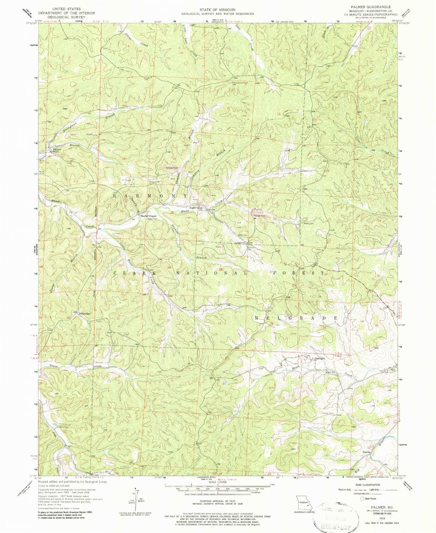 Classic USGS Palmer Missouri 7.5'x7.5' Topo Map Image