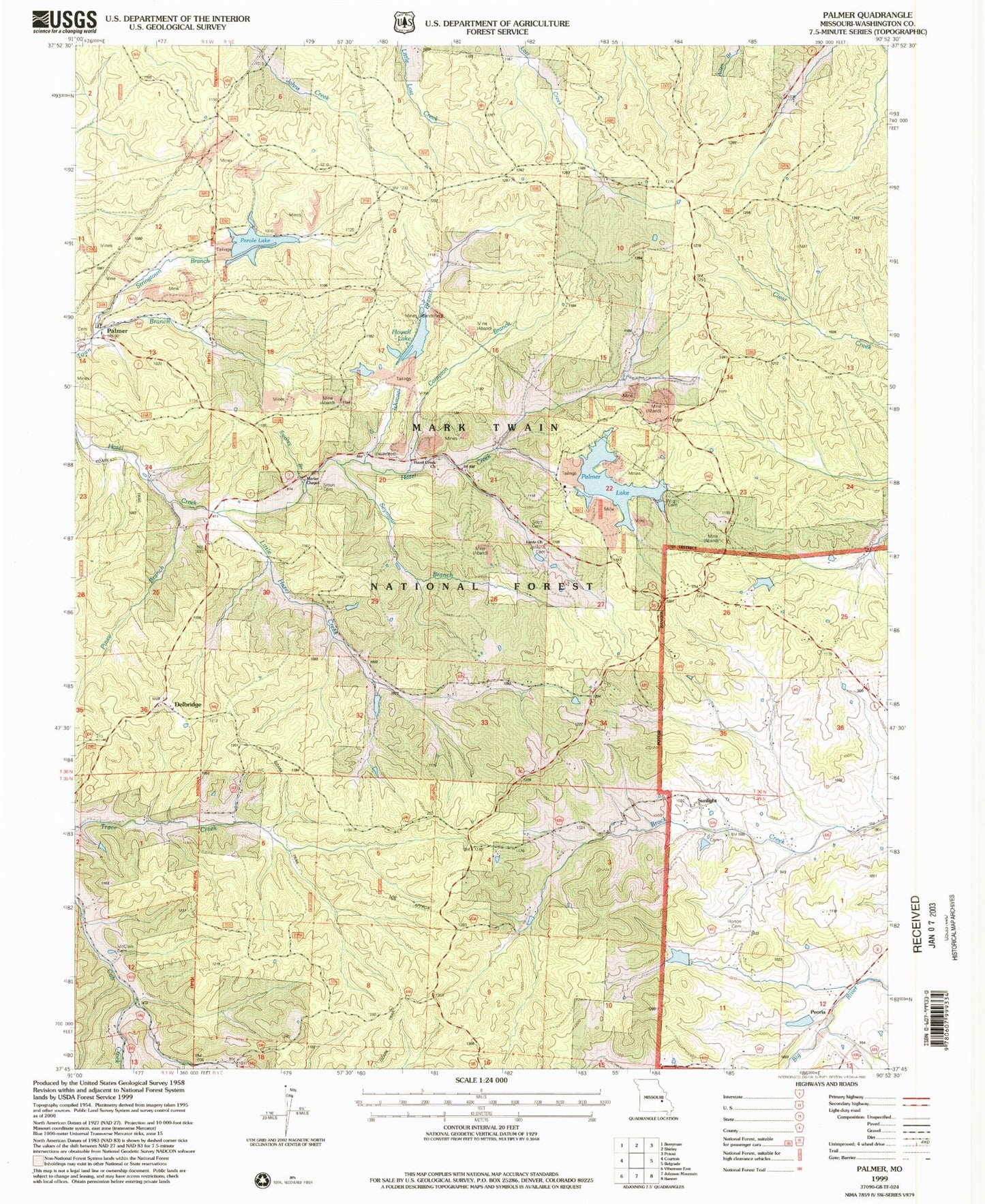 Classic USGS Palmer Missouri 7.5'x7.5' Topo Map Image