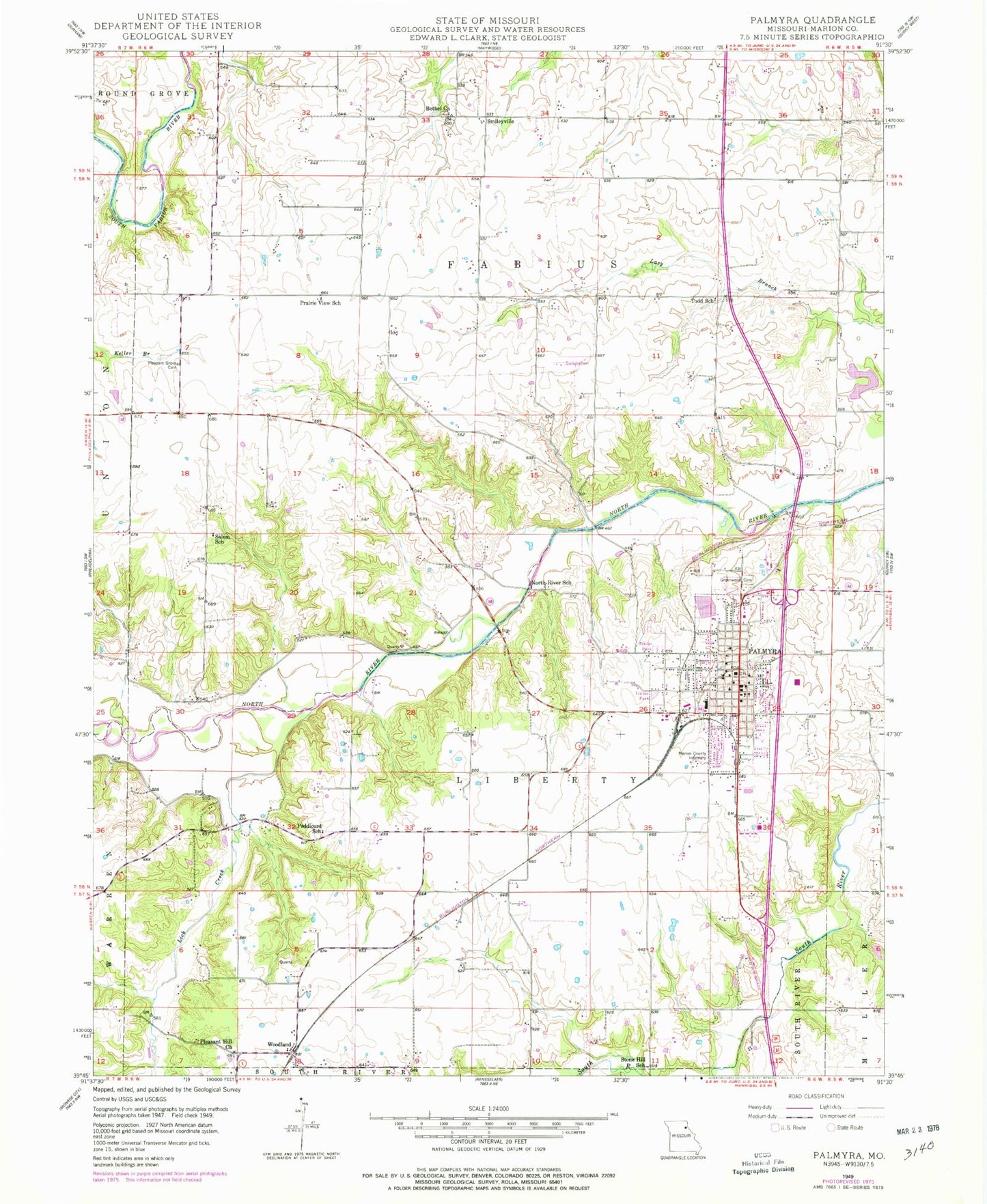Classic USGS Palmyra Missouri 7.5'x7.5' Topo Map Image