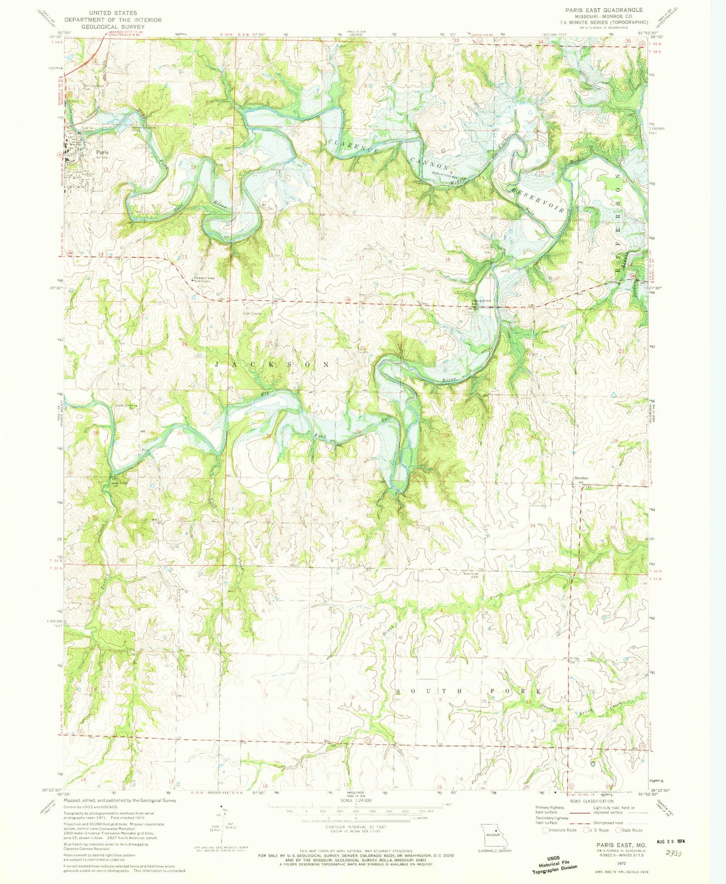 Classic USGS Paris East Missouri 7.5'x7.5' Topo Map Image
