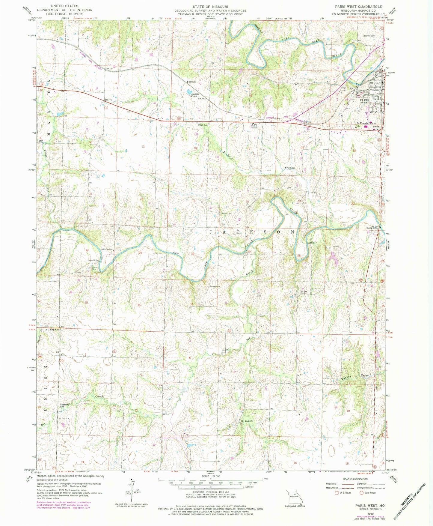 Classic USGS Paris West Missouri 7.5'x7.5' Topo Map Image