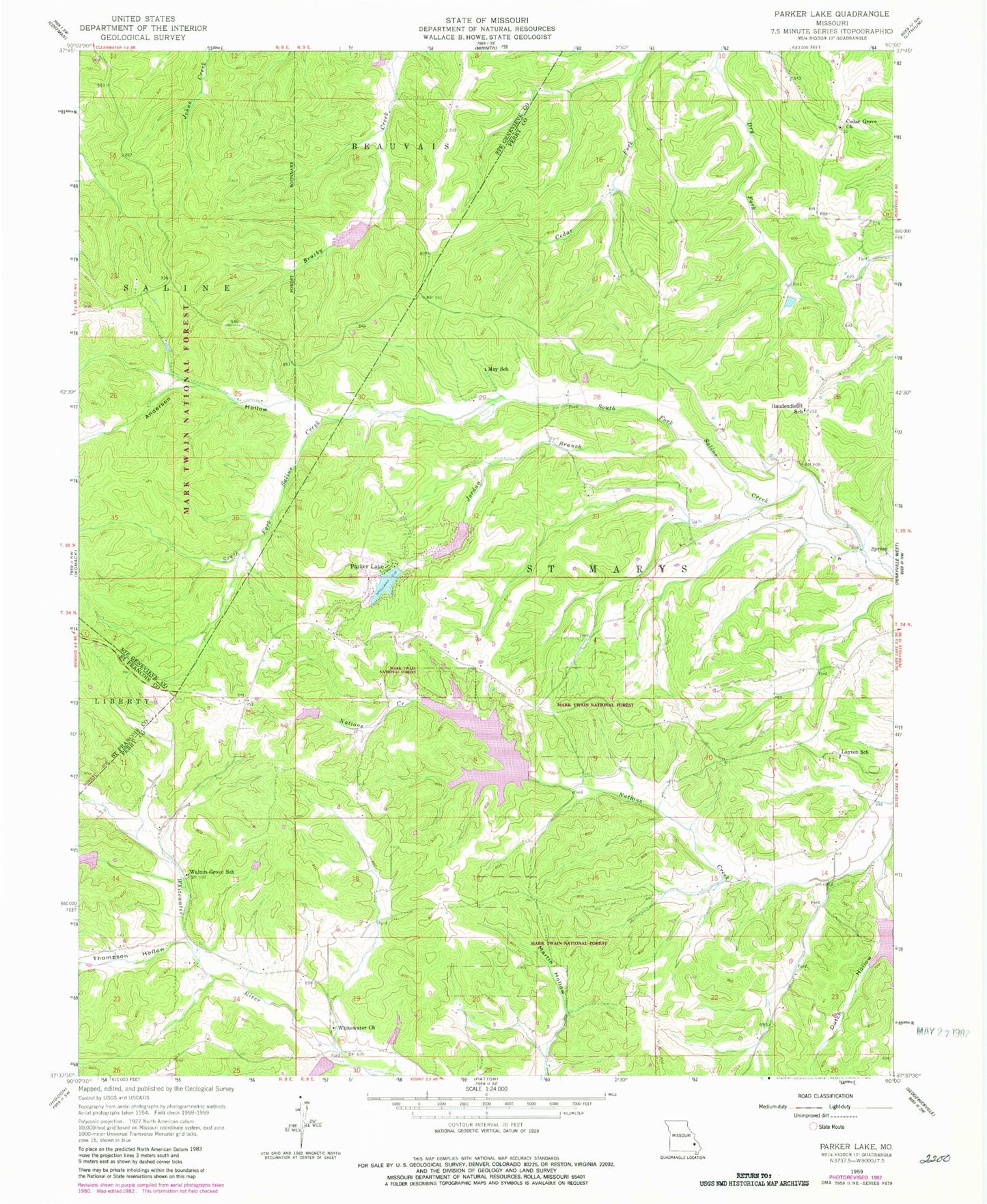 Classic USGS Parker Lake Missouri 7.5'x7.5' Topo Map Image