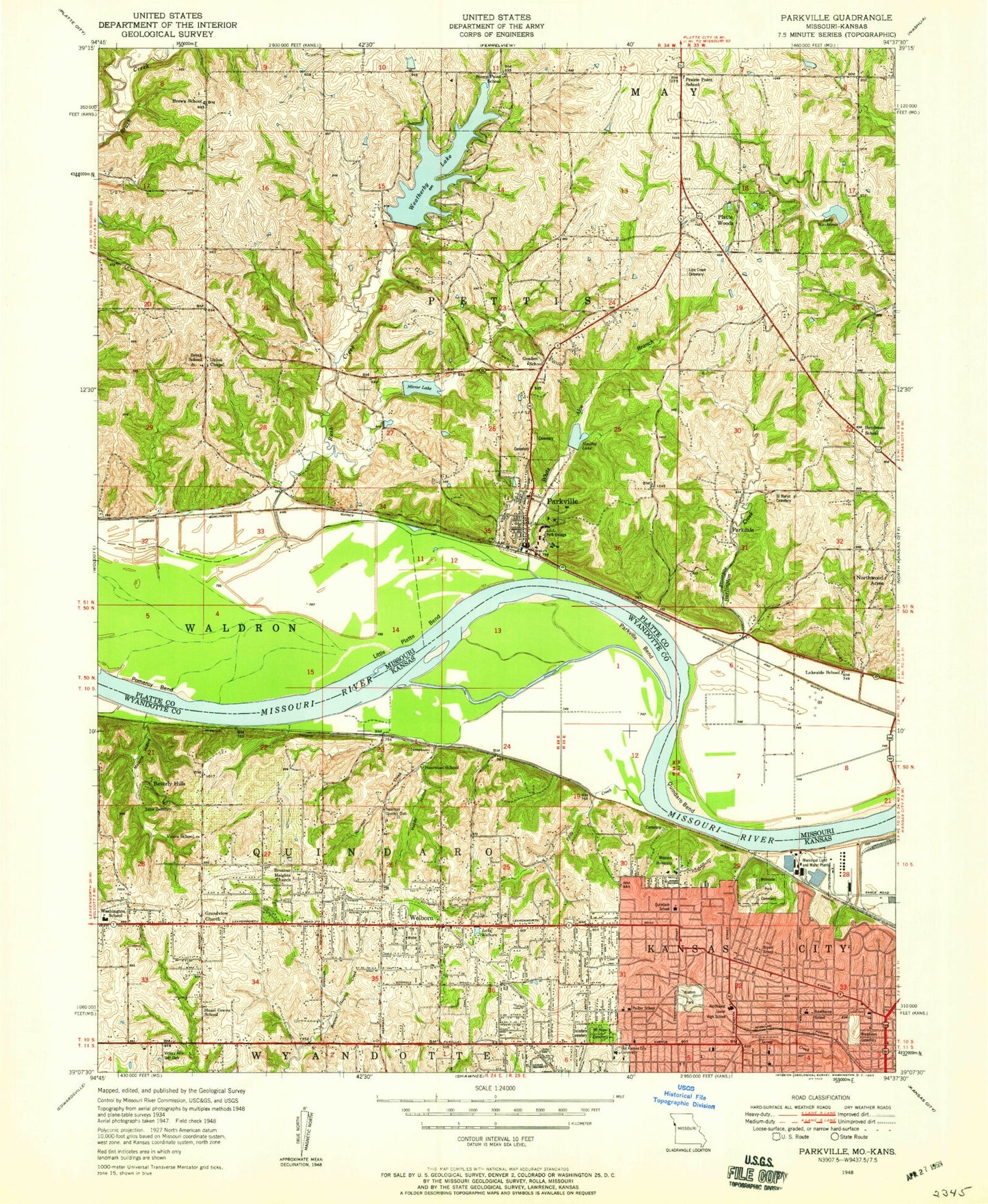 Classic USGS Parkville Missouri 7.5'x7.5' Topo Map Image