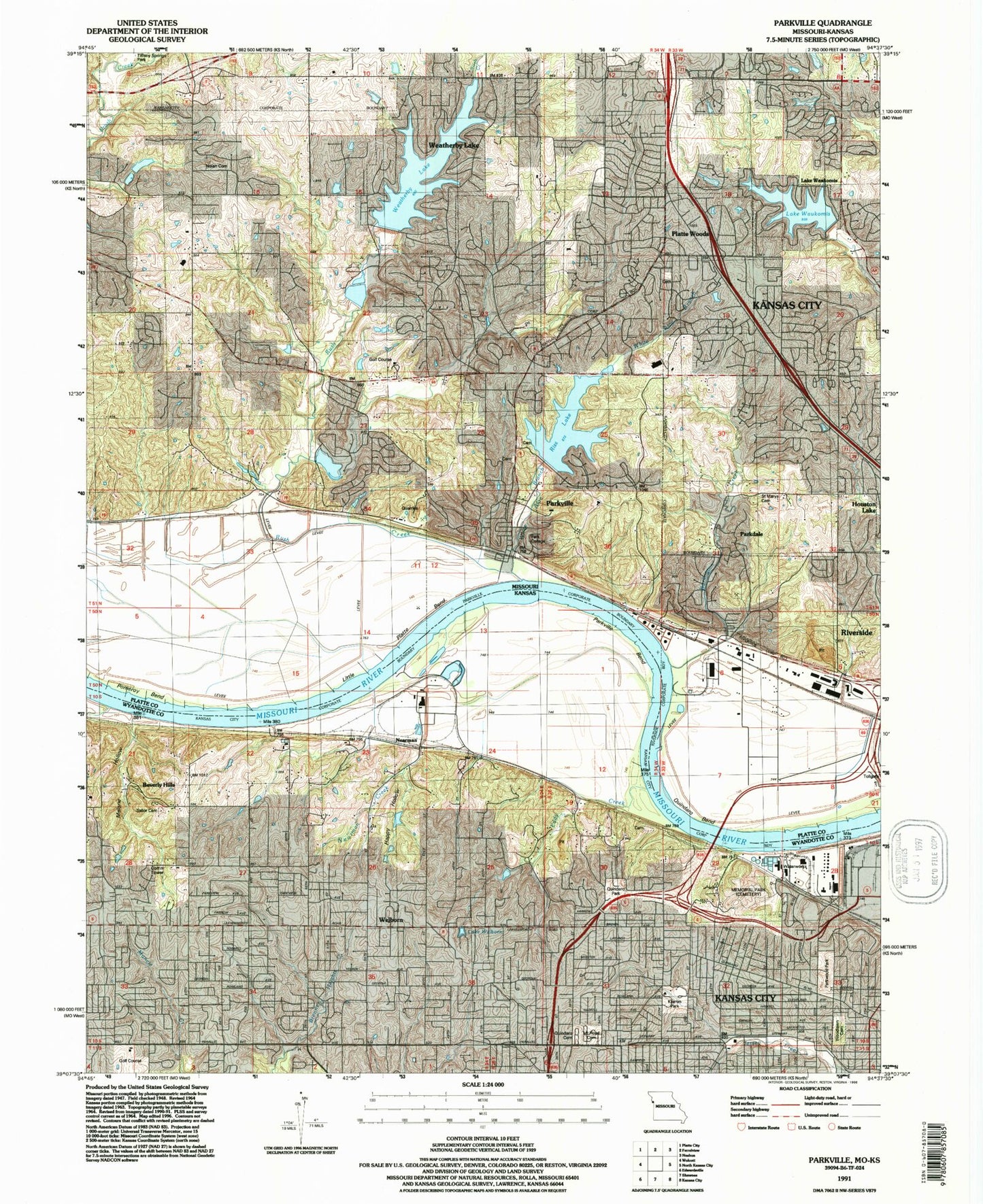Classic USGS Parkville Missouri 7.5'x7.5' Topo Map Image
