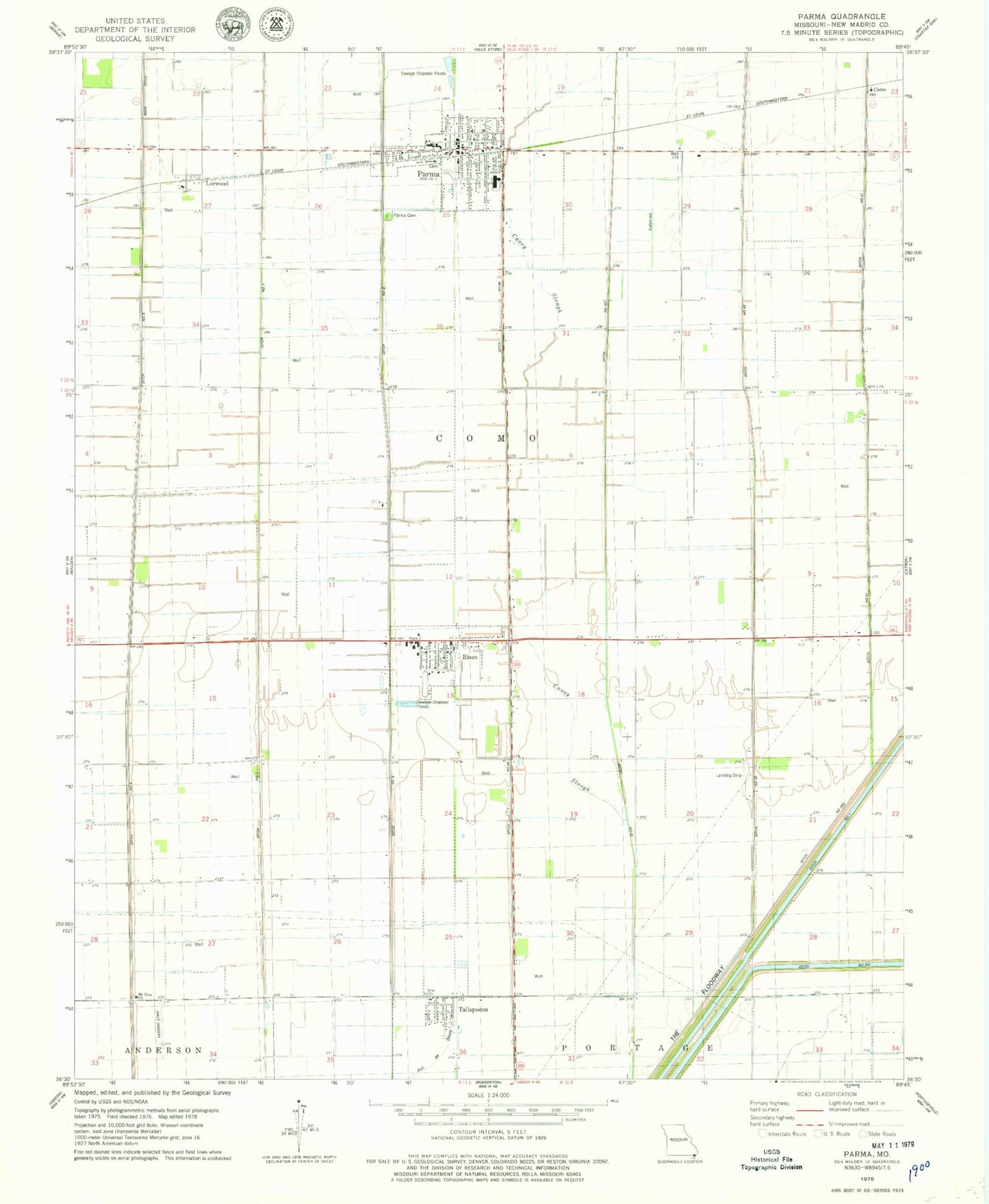 Classic USGS Parma Missouri 7.5'x7.5' Topo Map Image
