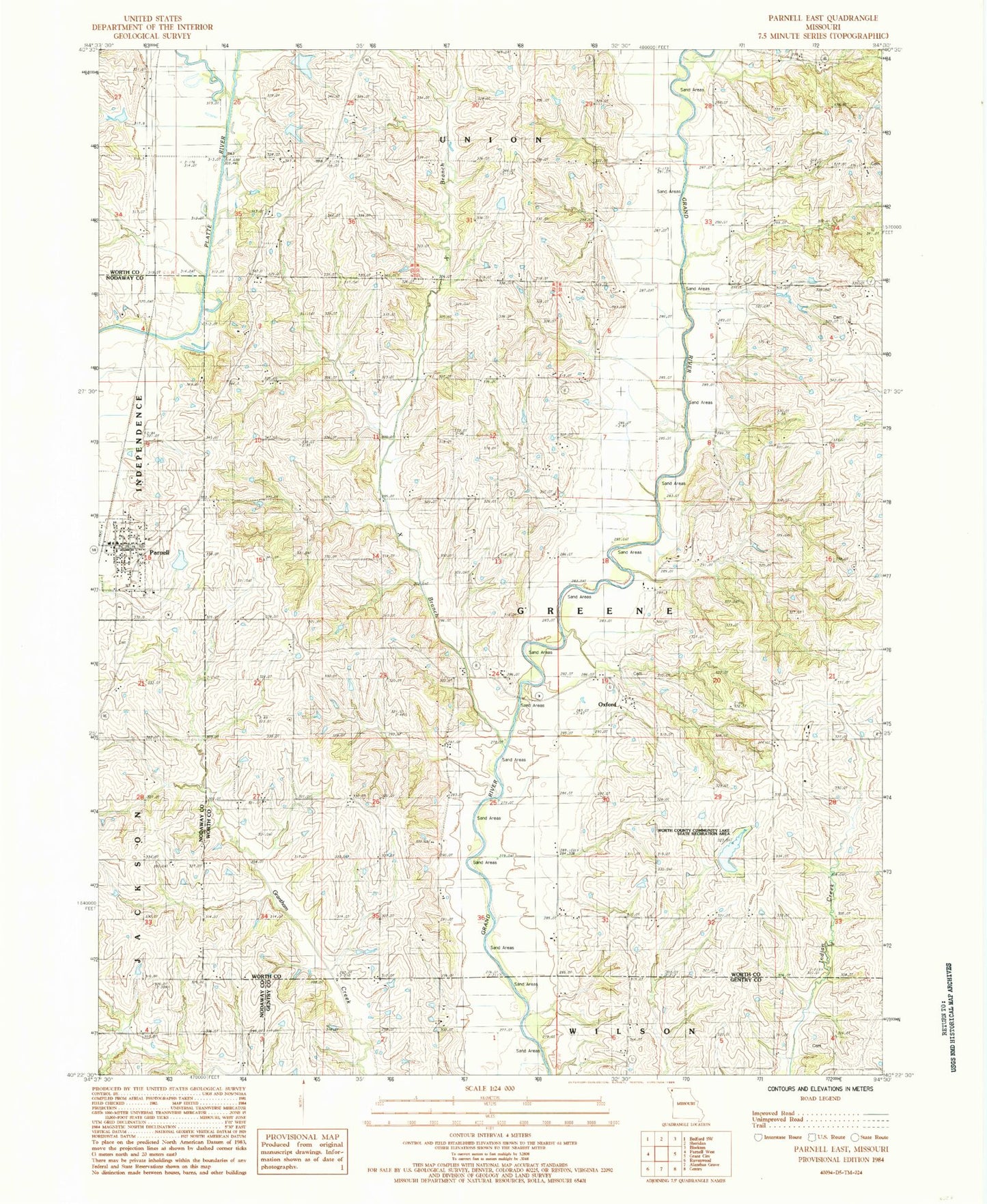 Classic USGS Parnell East Missouri 7.5'x7.5' Topo Map Image