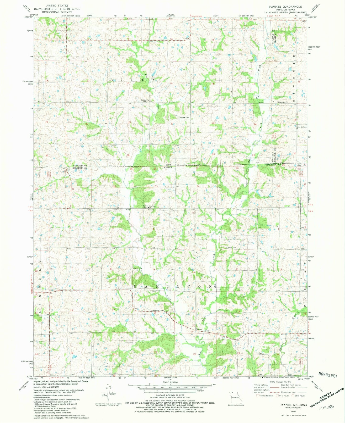 Classic USGS Pawnee Missouri 7.5'x7.5' Topo Map Image