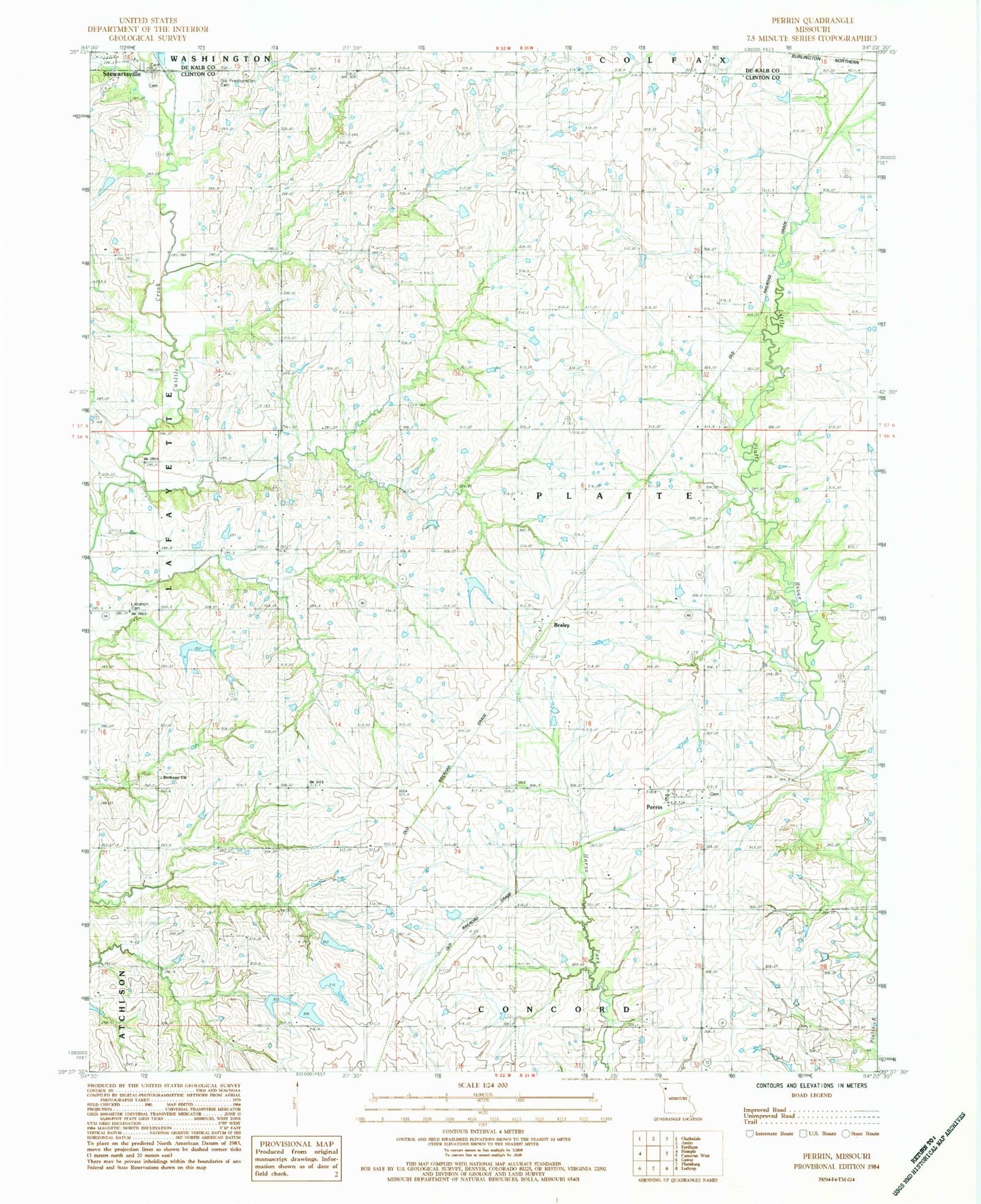 Classic USGS Perrin Missouri 7.5'x7.5' Topo Map Image