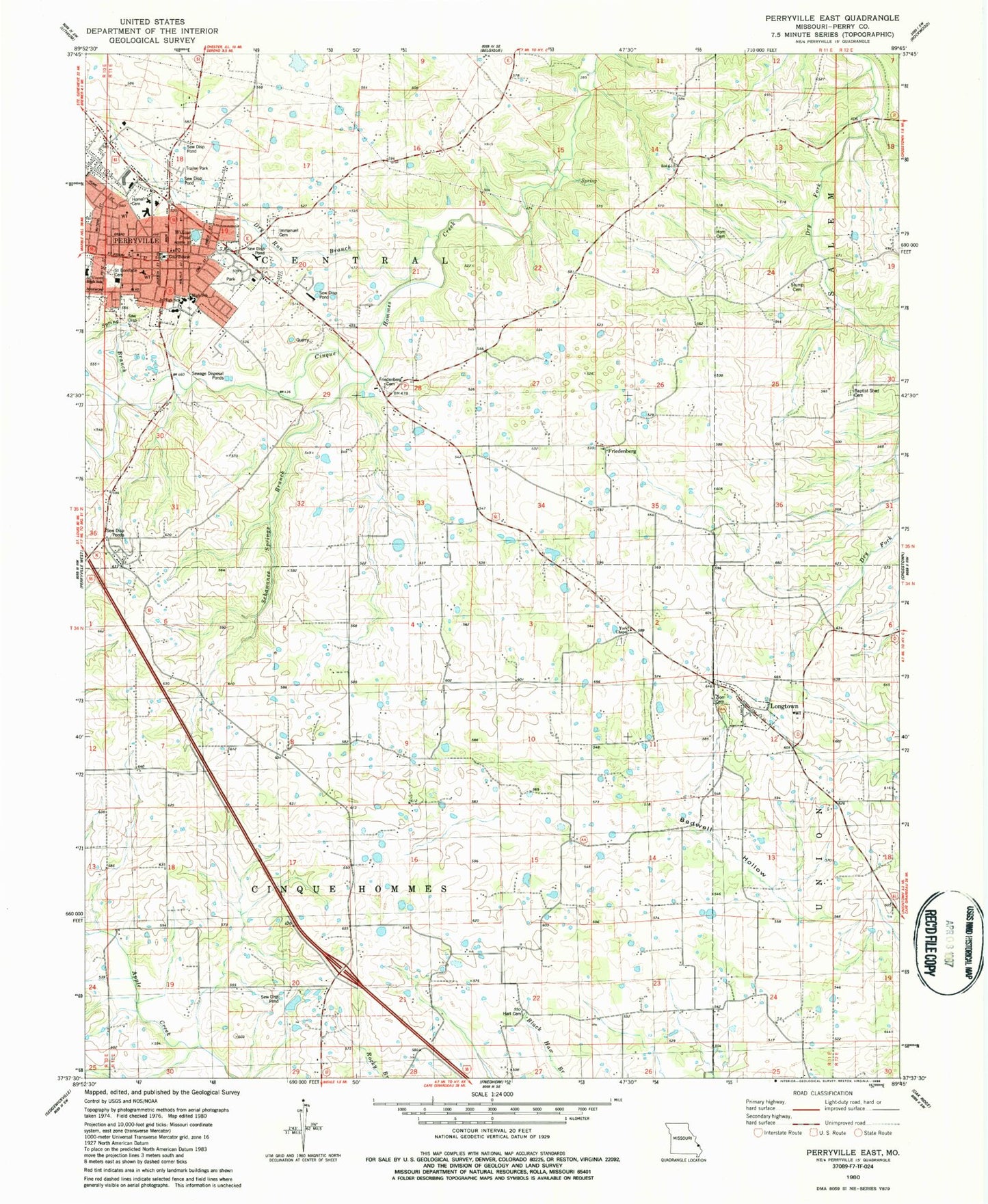 Classic USGS Perryville East Missouri 7.5'x7.5' Topo Map Image