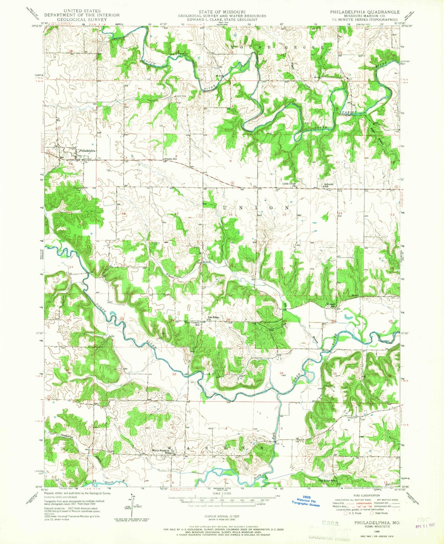 Classic USGS Philadelphia Missouri 7.5'x7.5' Topo Map Image
