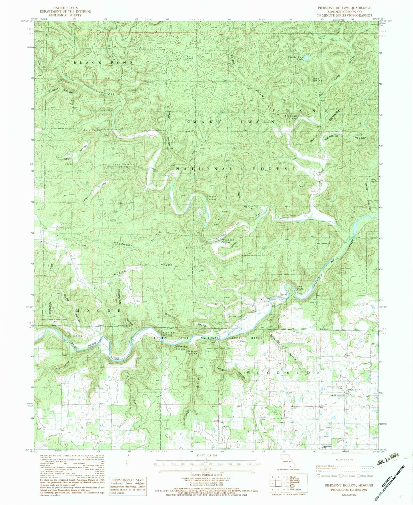 Classic USGS Piedmont Hollow Missouri 7.5'x7.5' Topo Map Image