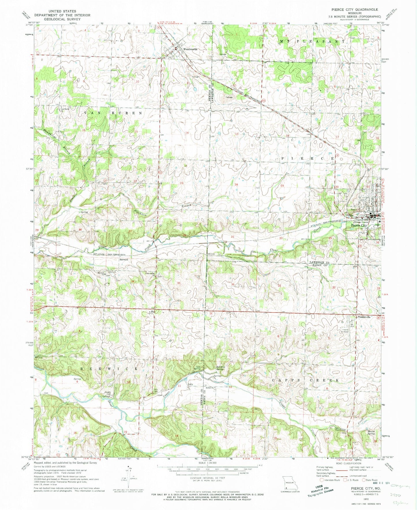 Classic USGS Pierce City Missouri 7.5'x7.5' Topo Map Image