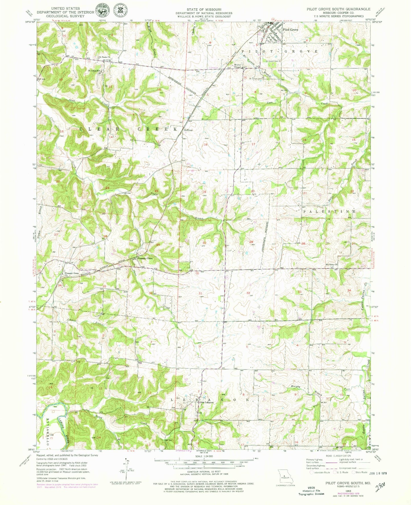 Classic USGS Pilot Grove South Missouri 7.5'x7.5' Topo Map Image
