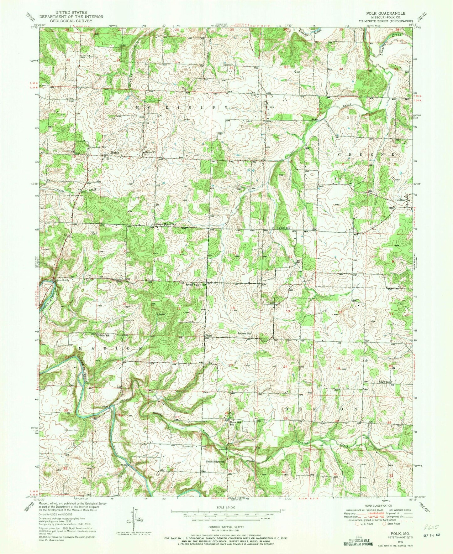 Classic USGS Polk Missouri 7.5'x7.5' Topo Map Image