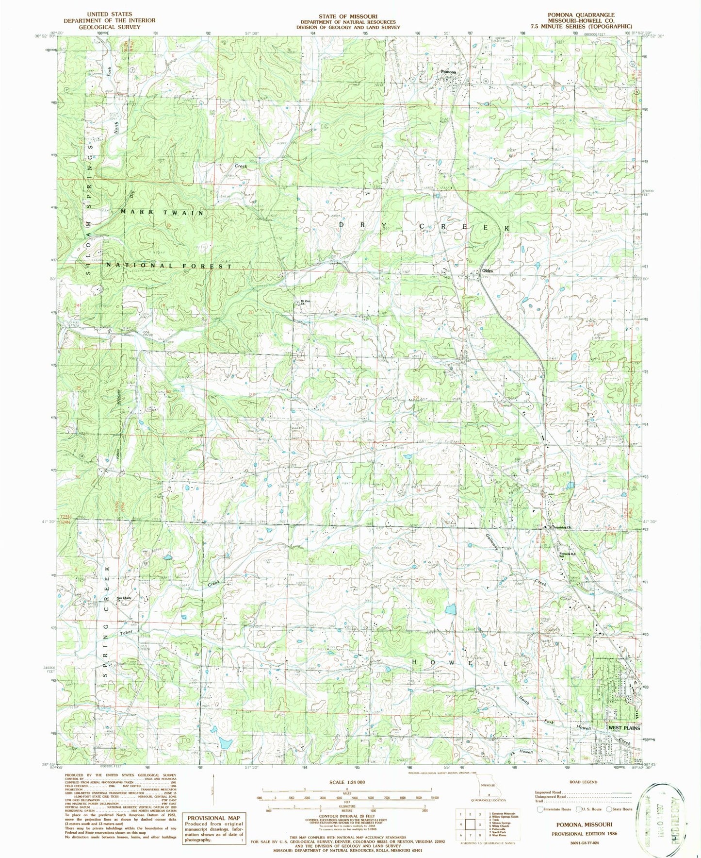 Classic USGS Pomona Missouri 7.5'x7.5' Topo Map Image