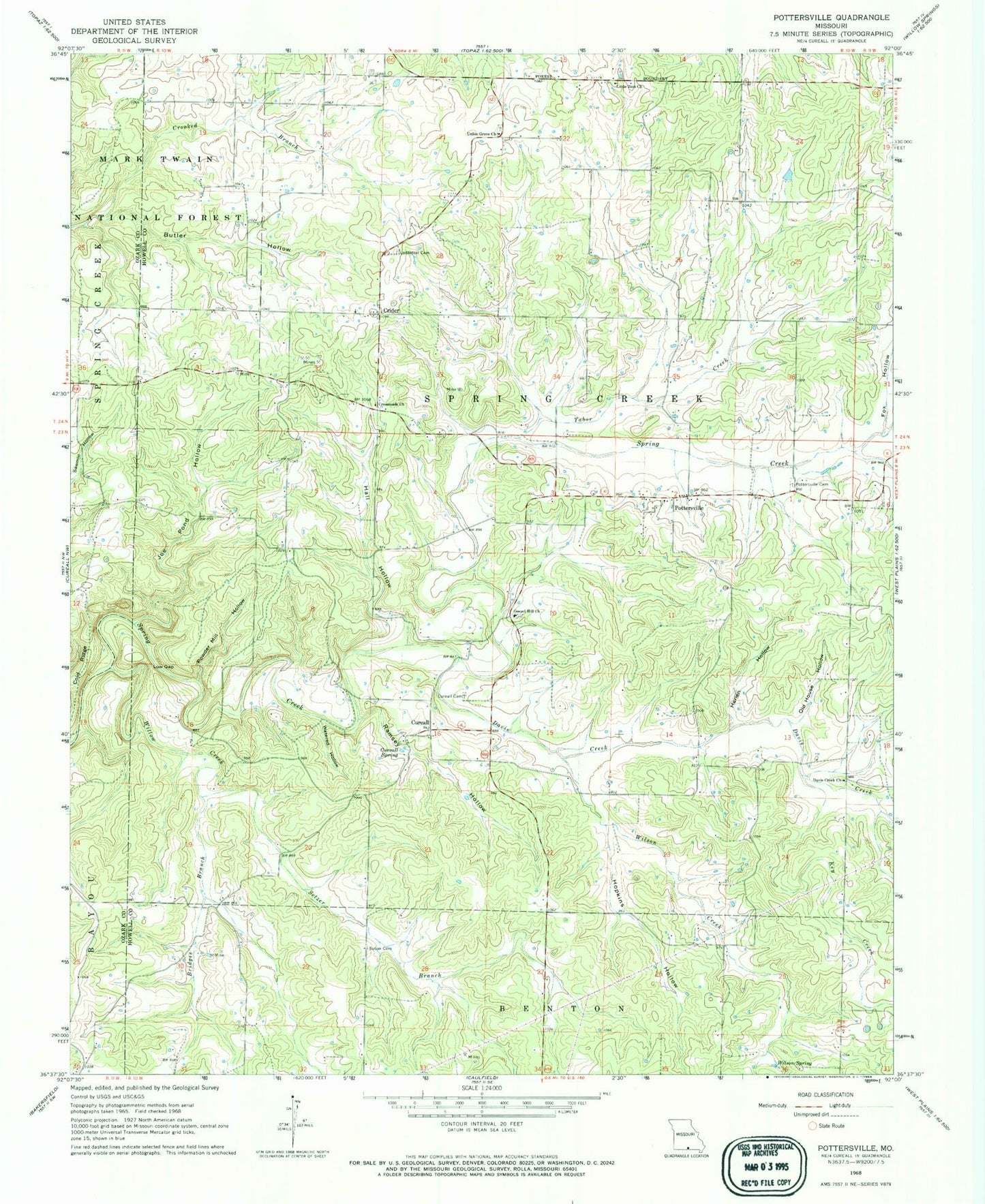 Classic USGS Pottersville Missouri 7.5'x7.5' Topo Map Image