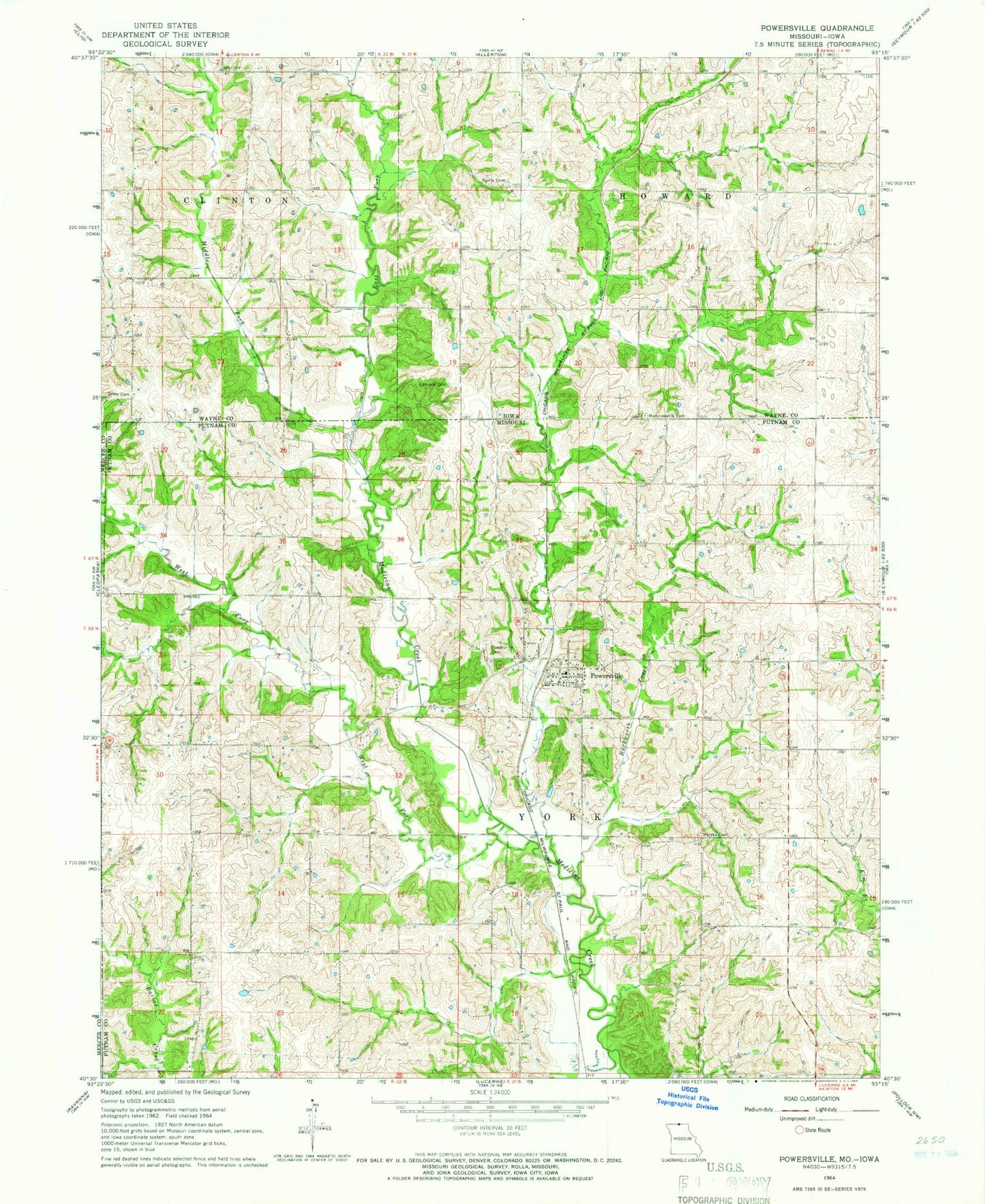 Classic USGS Powersville Missouri 7.5'x7.5' Topo Map Image