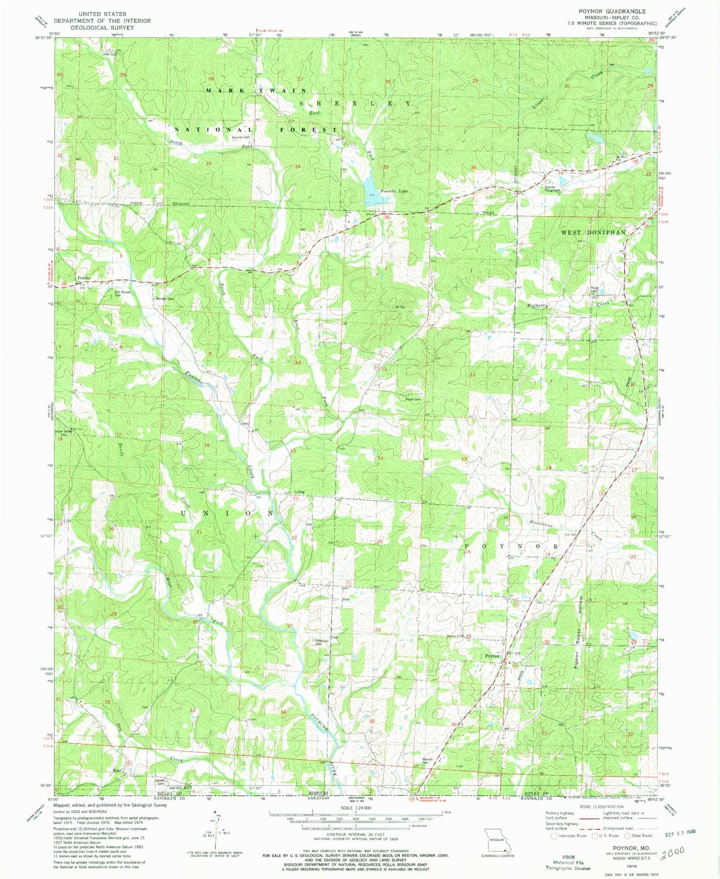 Classic USGS Poynor Missouri 7.5'x7.5' Topo Map Image